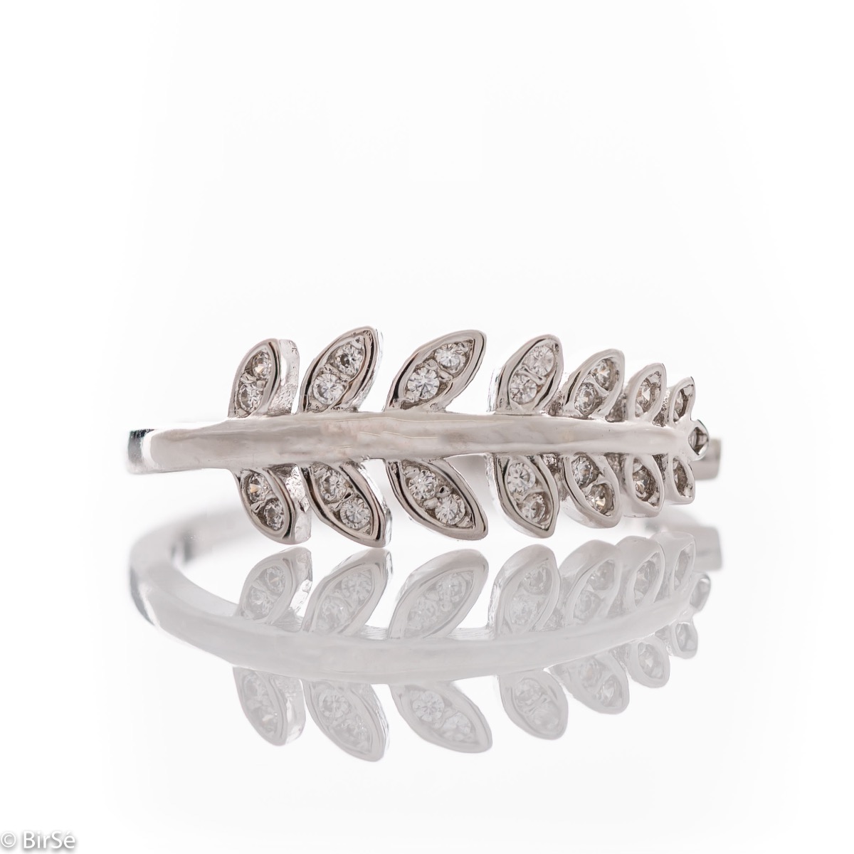 An elegant women's ring with a precise craftsmanship entirely of rhodium-plated silver and a shape of a delicate branch with fine petals of sparkling zircons. Its adjustable size makes it suitable for every lady.