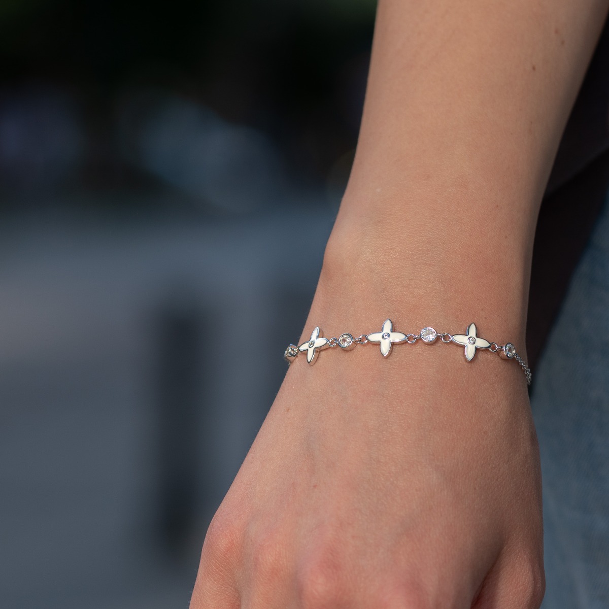 Silver Bracelet with Flowers Enamel and Zirconia