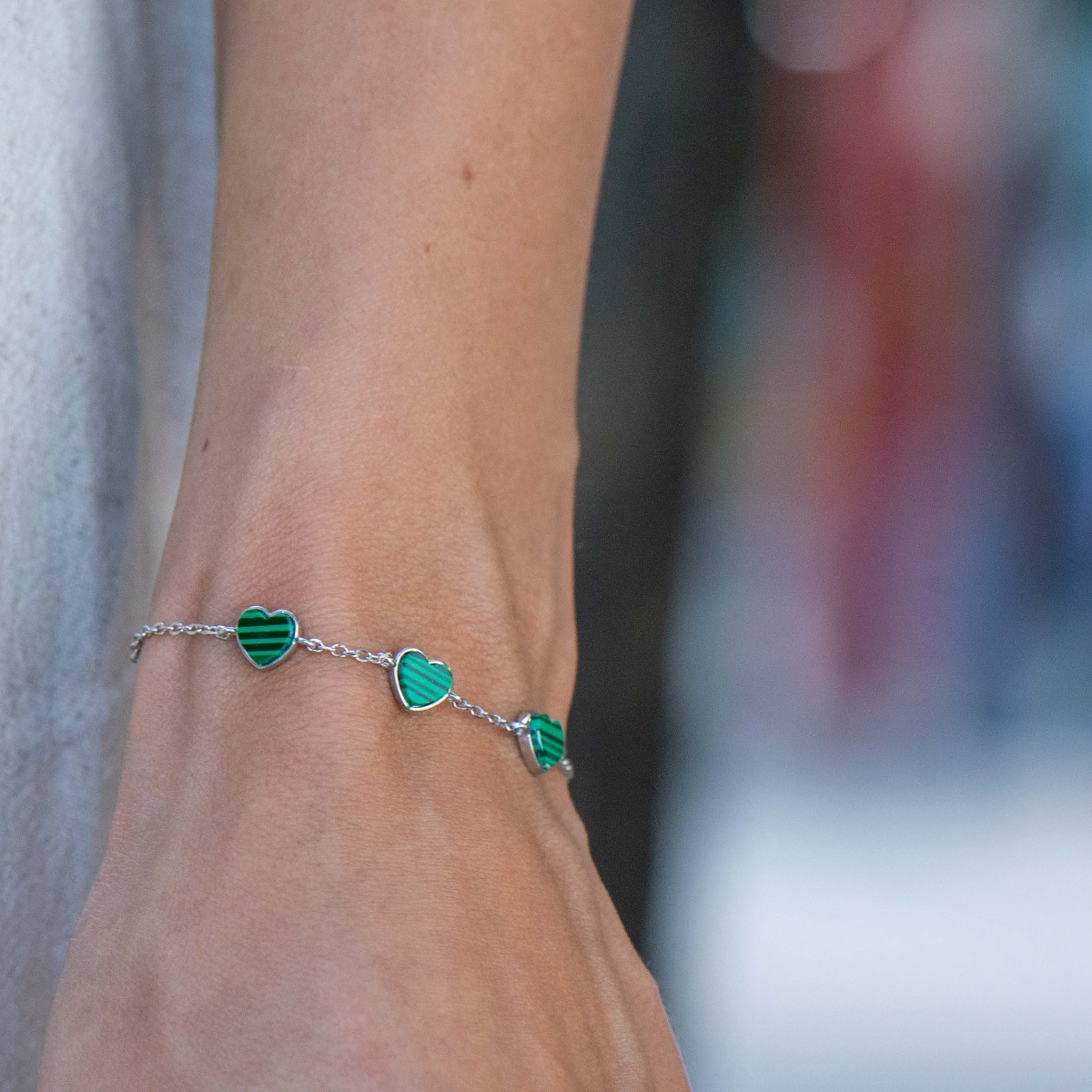 Silver Bracelet - Malachite Hearts