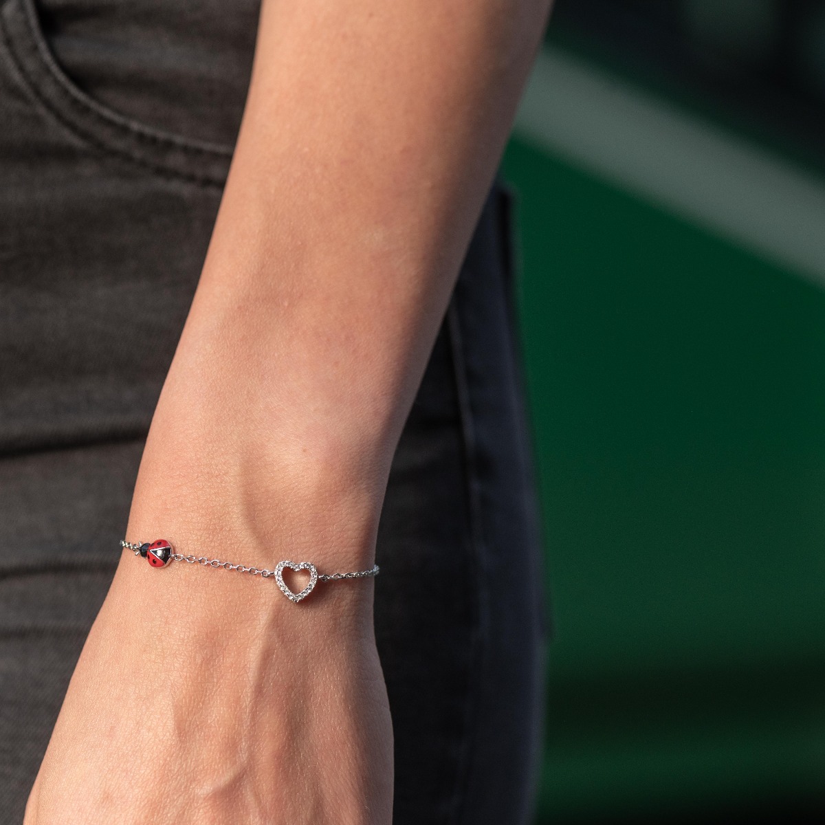 Silver Bracelet with Heart and ladybug 