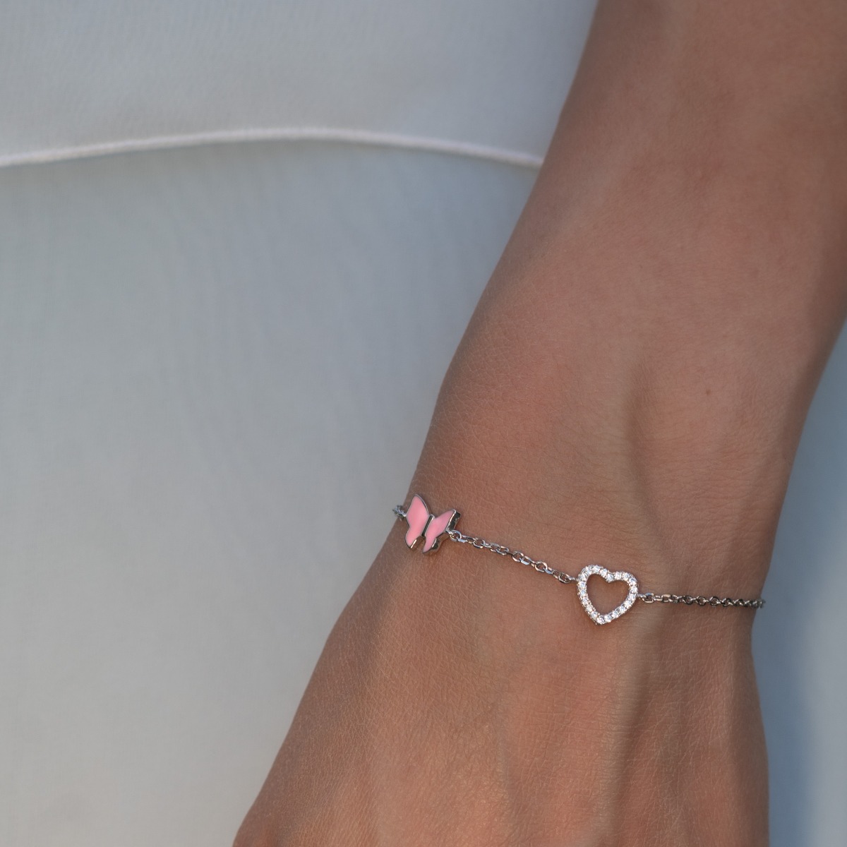 Silver Bracelet with Heart and Butterfly
