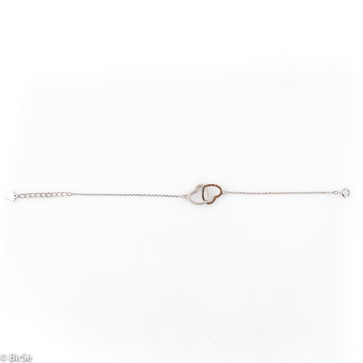 An elegant women's bracelet with delicate workmanship entirely of shiny rhodium-plated silver and two beautiful, intertwined hearts. Stylish and clean composition of details and adjustable size, suitable for all ladies.