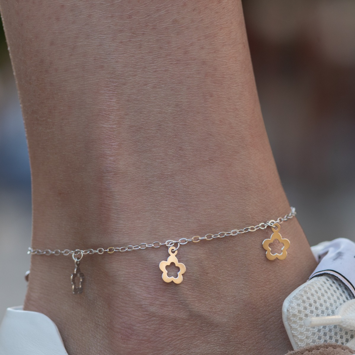 Silver Ankle Bracelet with Flowers