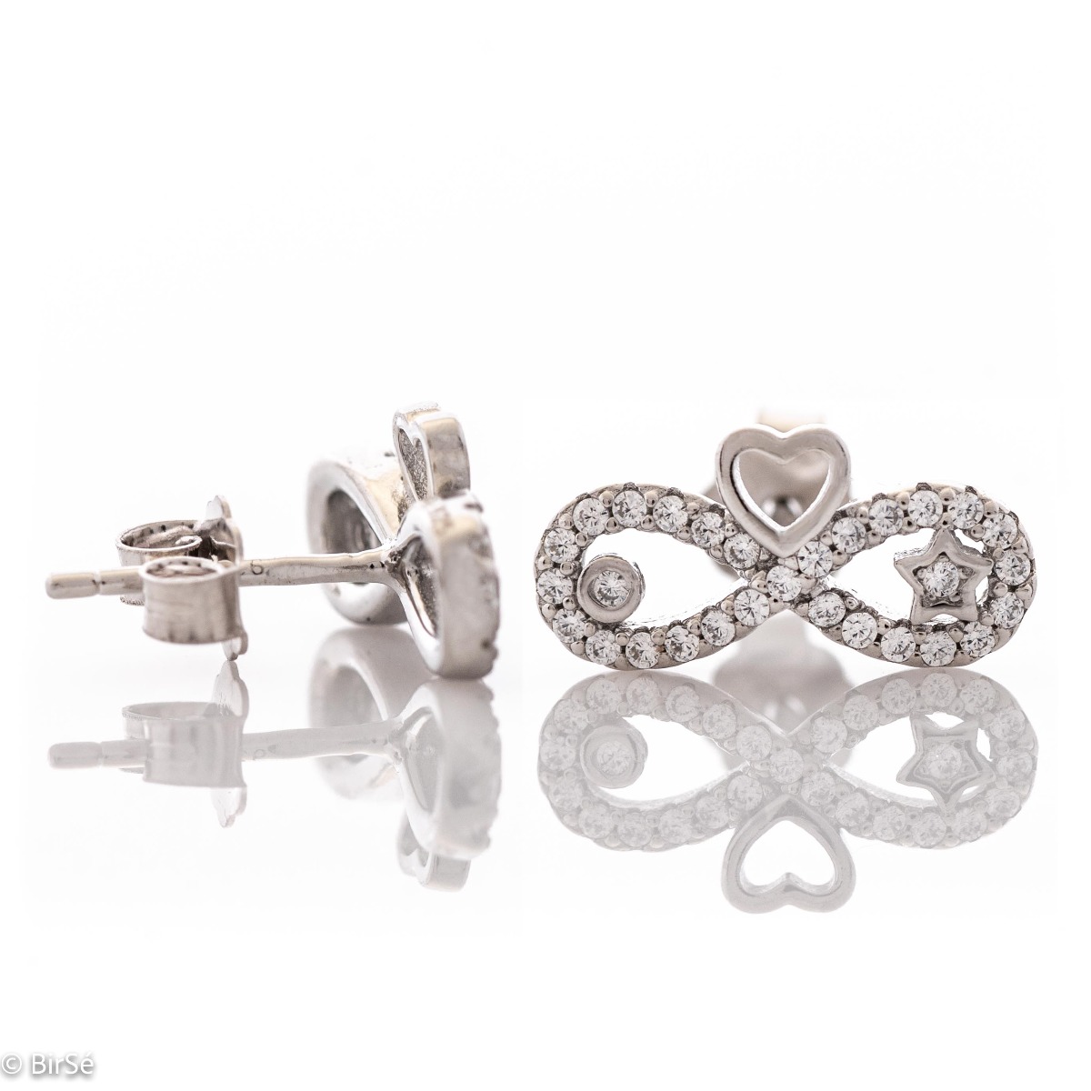 Small elegant silver earrings - infinity, entirely made of rhodium-plated silver, decorated with sparkling zircons. The interesting design includes various elements that add extra charm to the jewelry. The pin fastening is extremely comfortable.