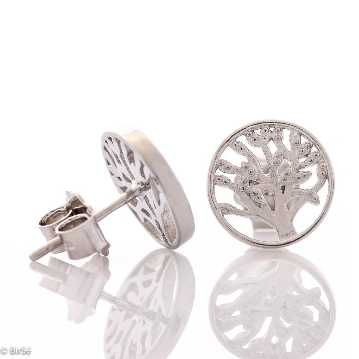 Light and fine women's earrings on a pin with delicate workmanship combining rhodium-plated silver and an exquisite shape of the tree of life. Thematic jewelry suitable for ladies of any age.