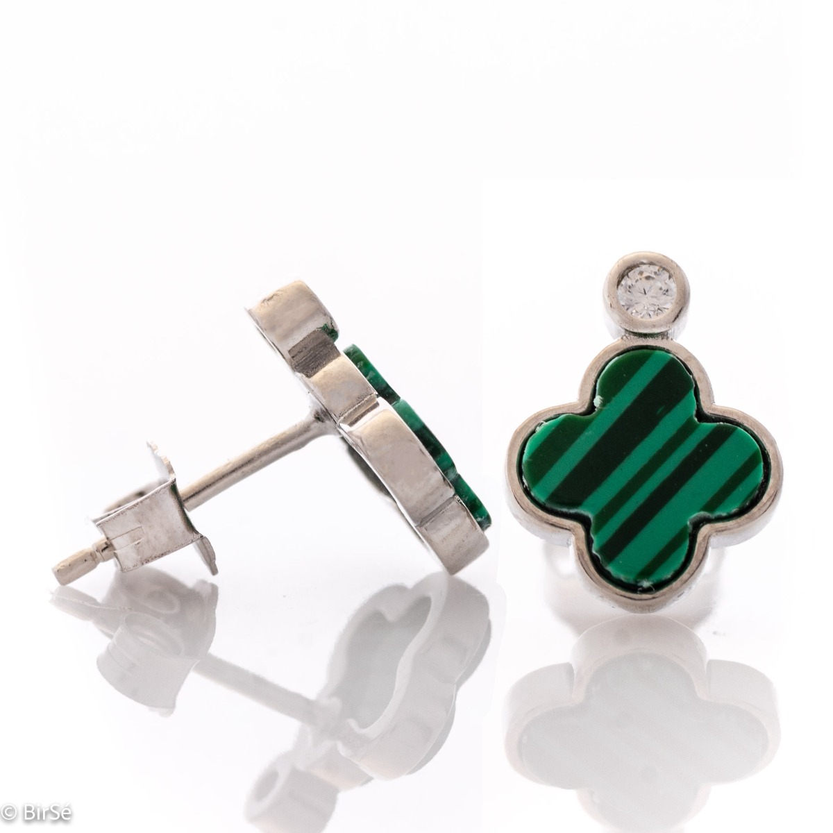 Delicate women's clover earrings with delicately shaped details of beautiful rhodium silver and captivating malachite, complemented by sparkling zircon. Stylish and elegant jewelry with a pin fastening, they are extremely convenient for every lady's every