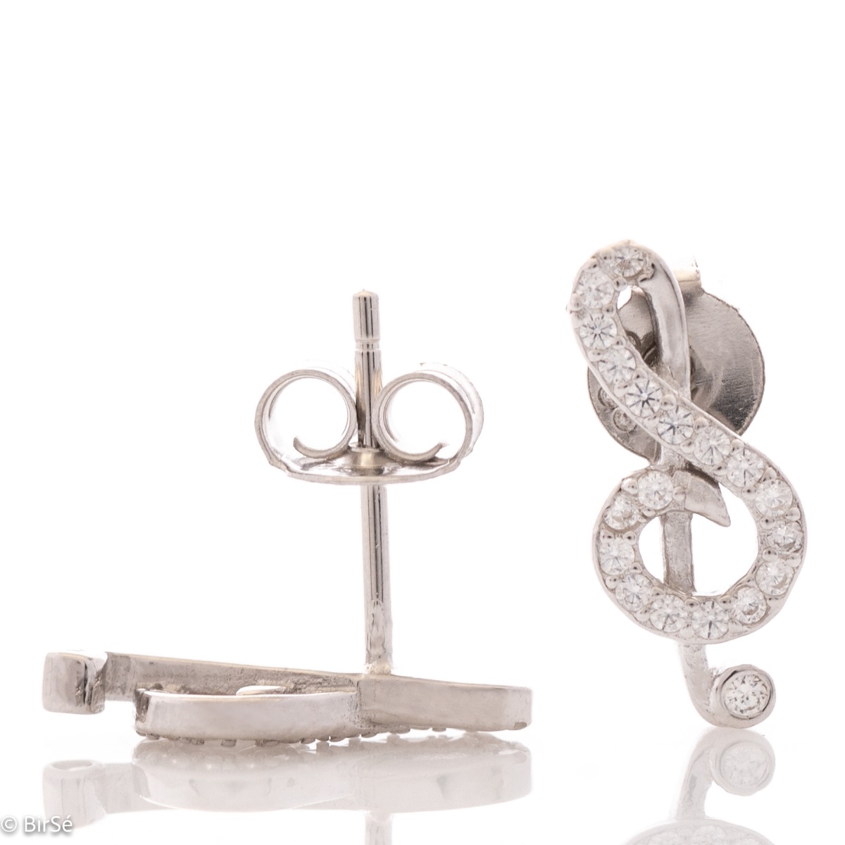 Delicate and glamorous women's drop earrings, with precise craftsmanship entirely of rhodium-plated silver and fine zircons. Beautifully shaped key salt, completely encrusted with sparkling zircons. Suitable for small and large ladies devoted to music.