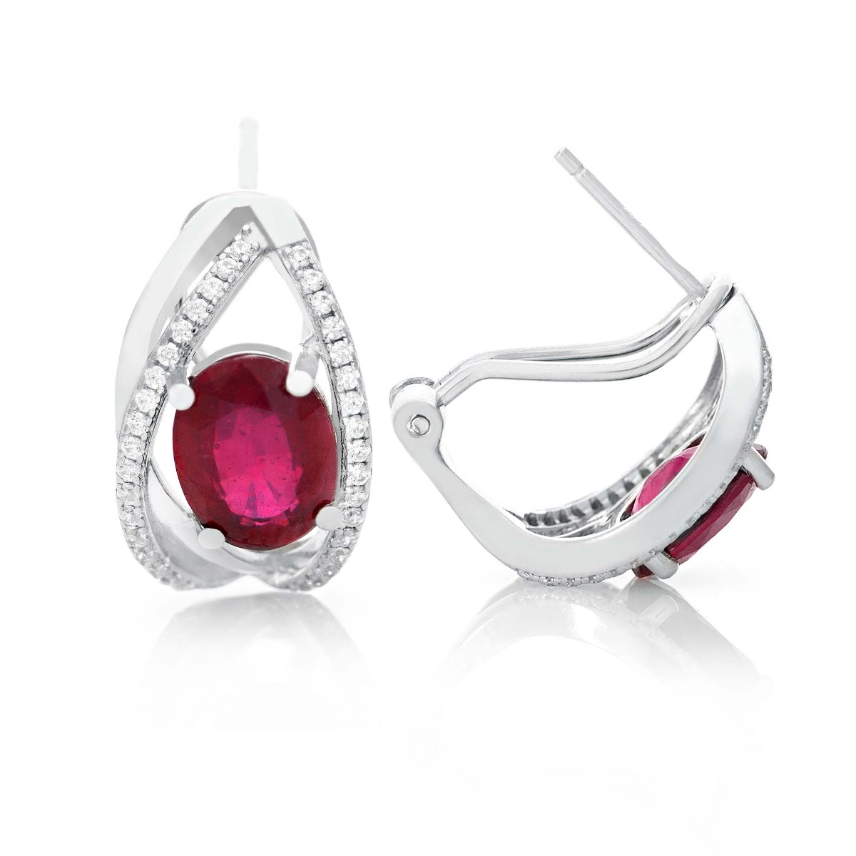 Radiant women's earrings with English clasp and a delicate combination of beautiful rhodium silver with a charming natural ruby ​​stone, in an exquisite oval shape, complemented by the sparkle of zircons.