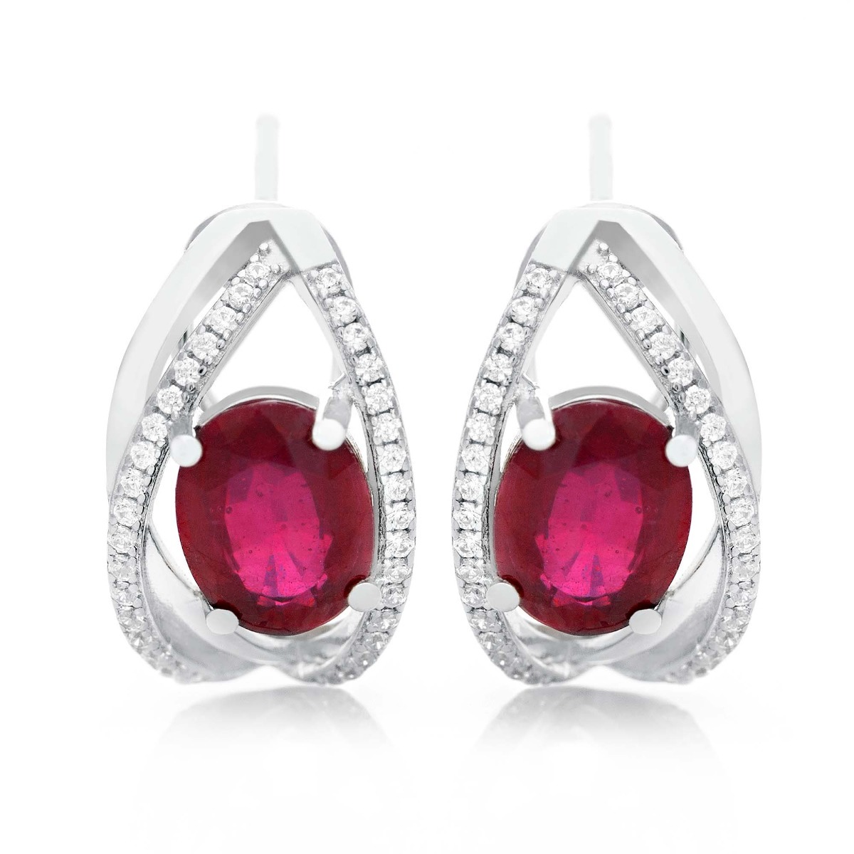 Radiant women's earrings with English clasp and a delicate combination of beautiful rhodium silver with a charming natural ruby ​​stone, in an exquisite oval shape, complemented by the sparkle of zircons.