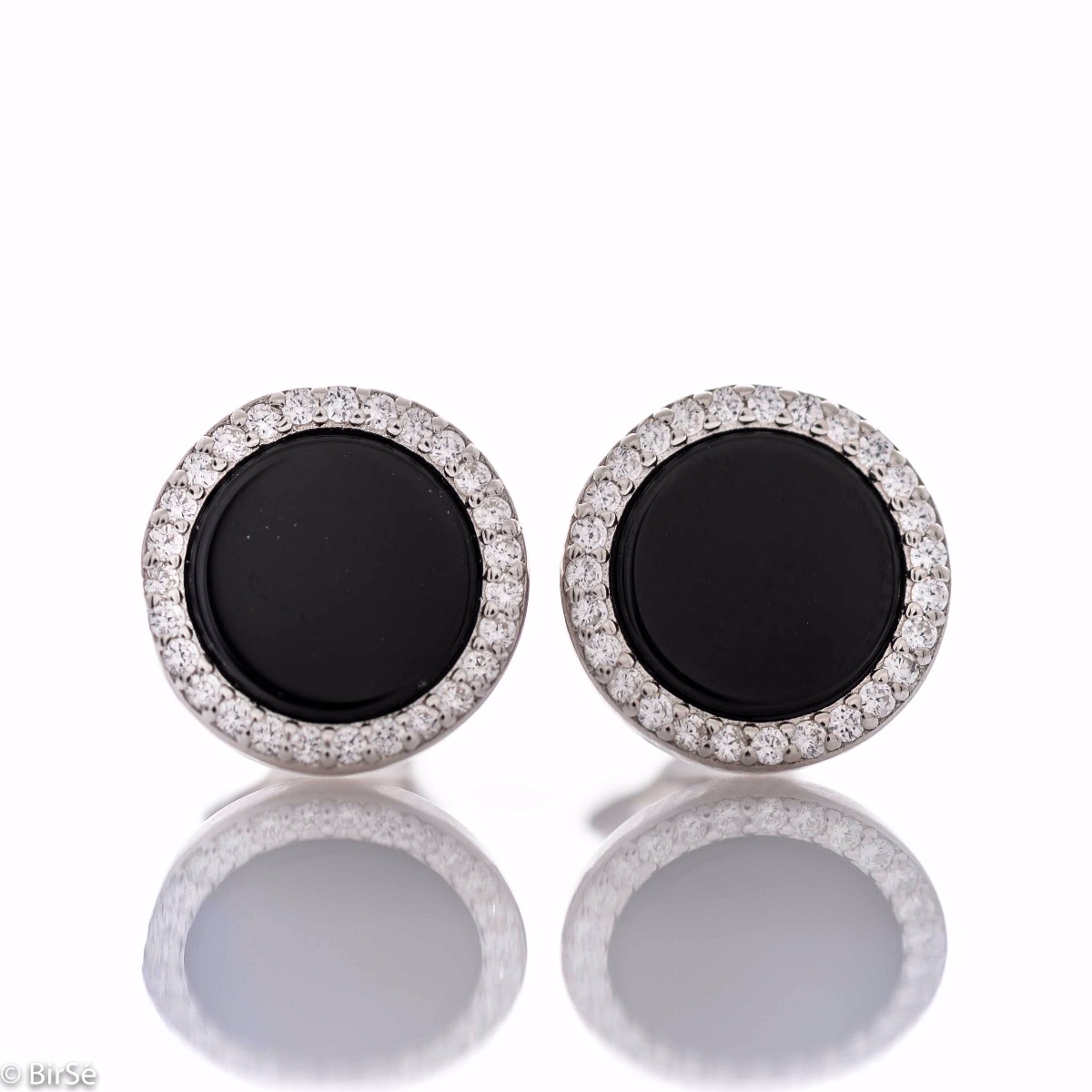 Silver Earrings with Onyx and CZ Halo