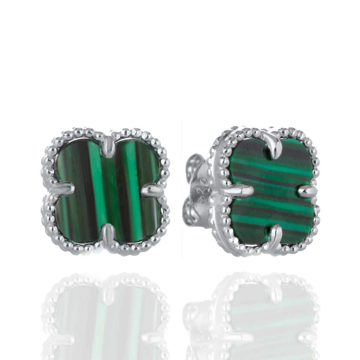 Dainty women's earrings with stud fastening and fine workmanship in all rhodium silver in the shape of malachite stone clover.