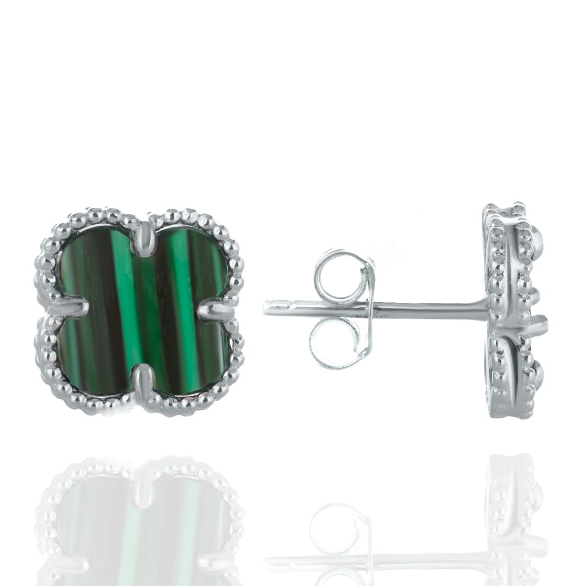 Dainty women's earrings with stud fastening and fine workmanship in all rhodium silver in the shape of malachite stone clover.