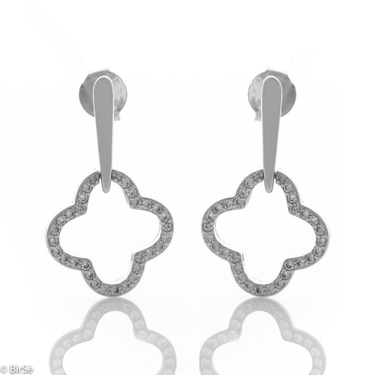 Long Silver Earrings with Clover Shape