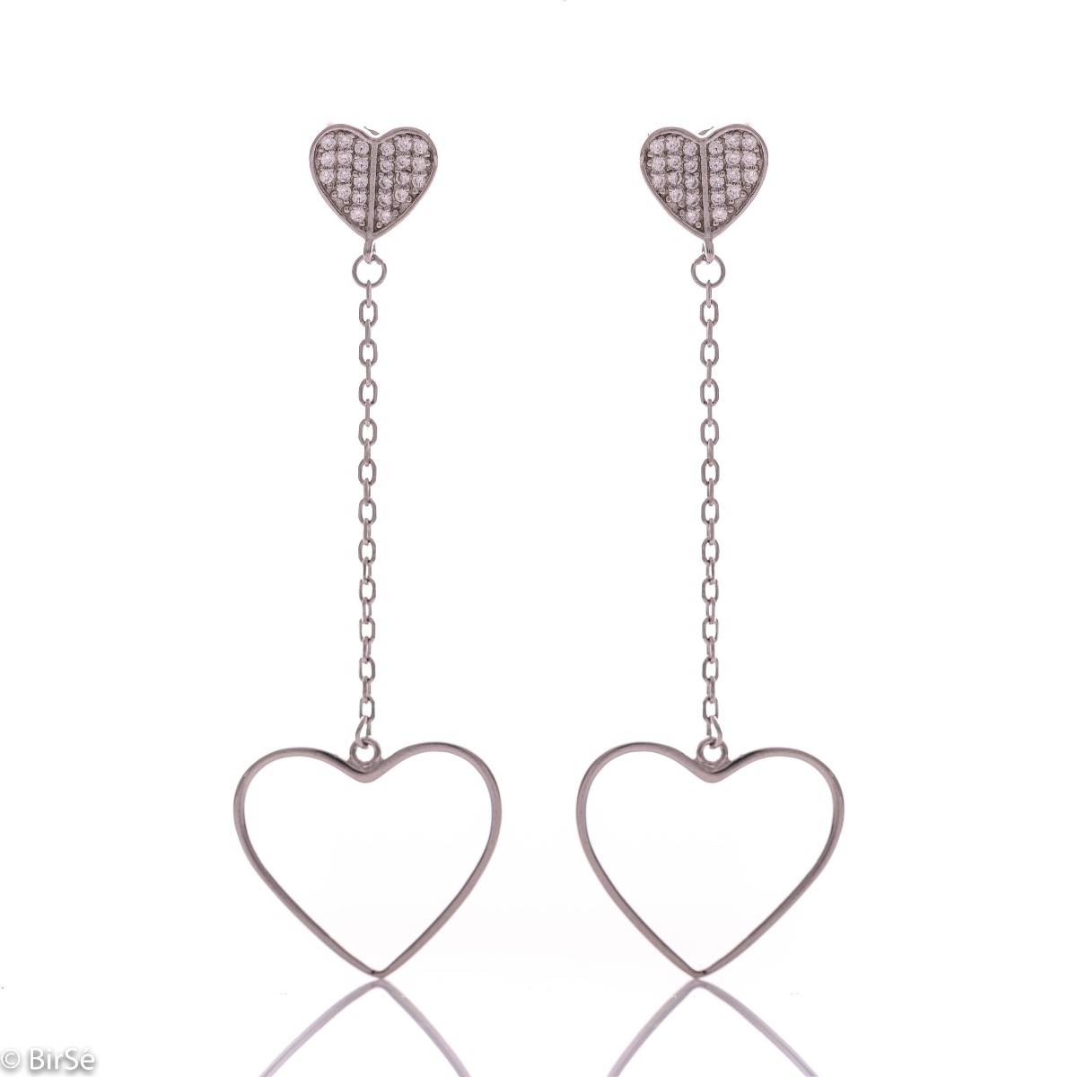 Long Silver Earrings with Heart Shape 