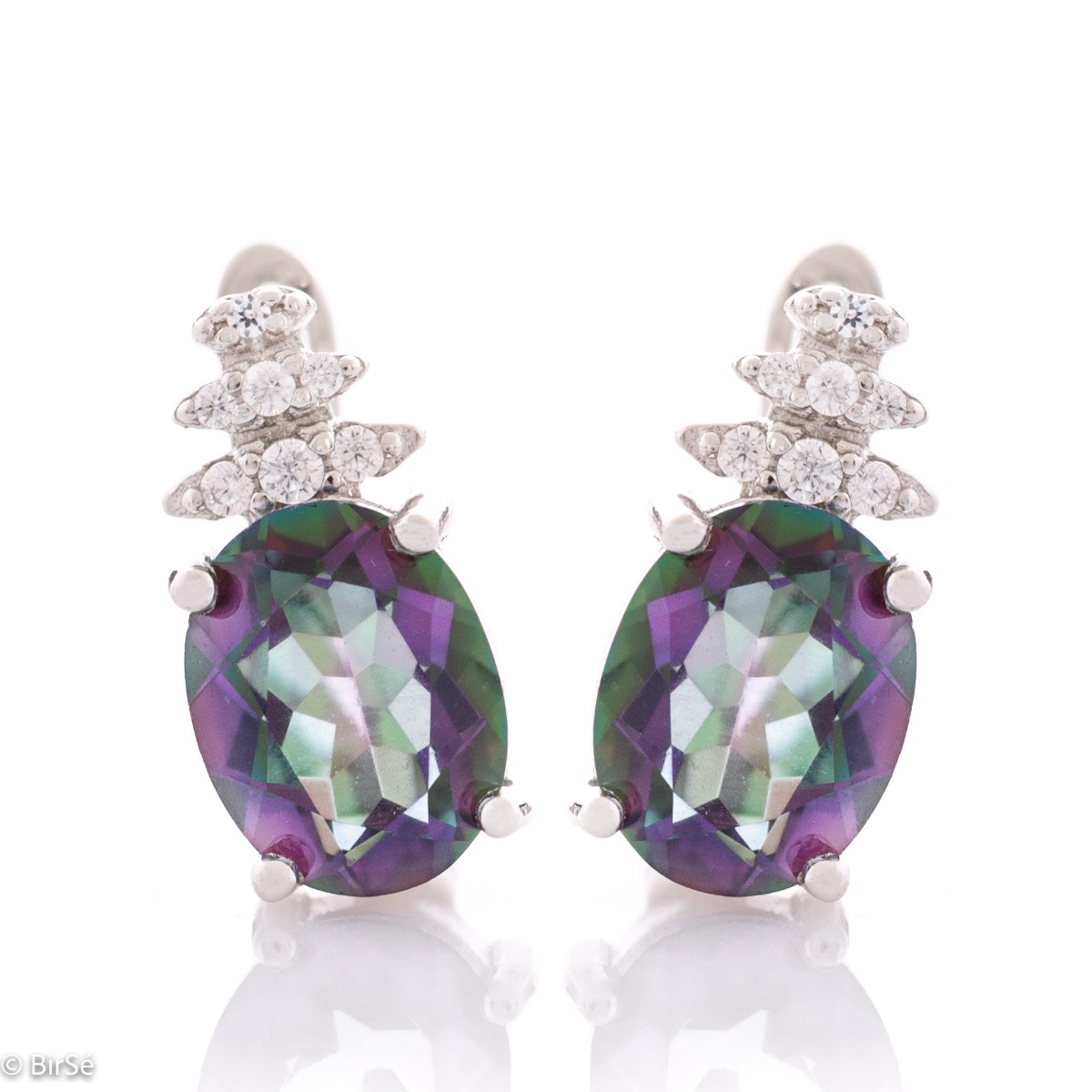 Elegant women's earrings of English clasp and spectacular shape with delicate craftsmanship entirely of rhodium-plated silver and an exquisite combination of natural mystic topaz with sparkling zircons.