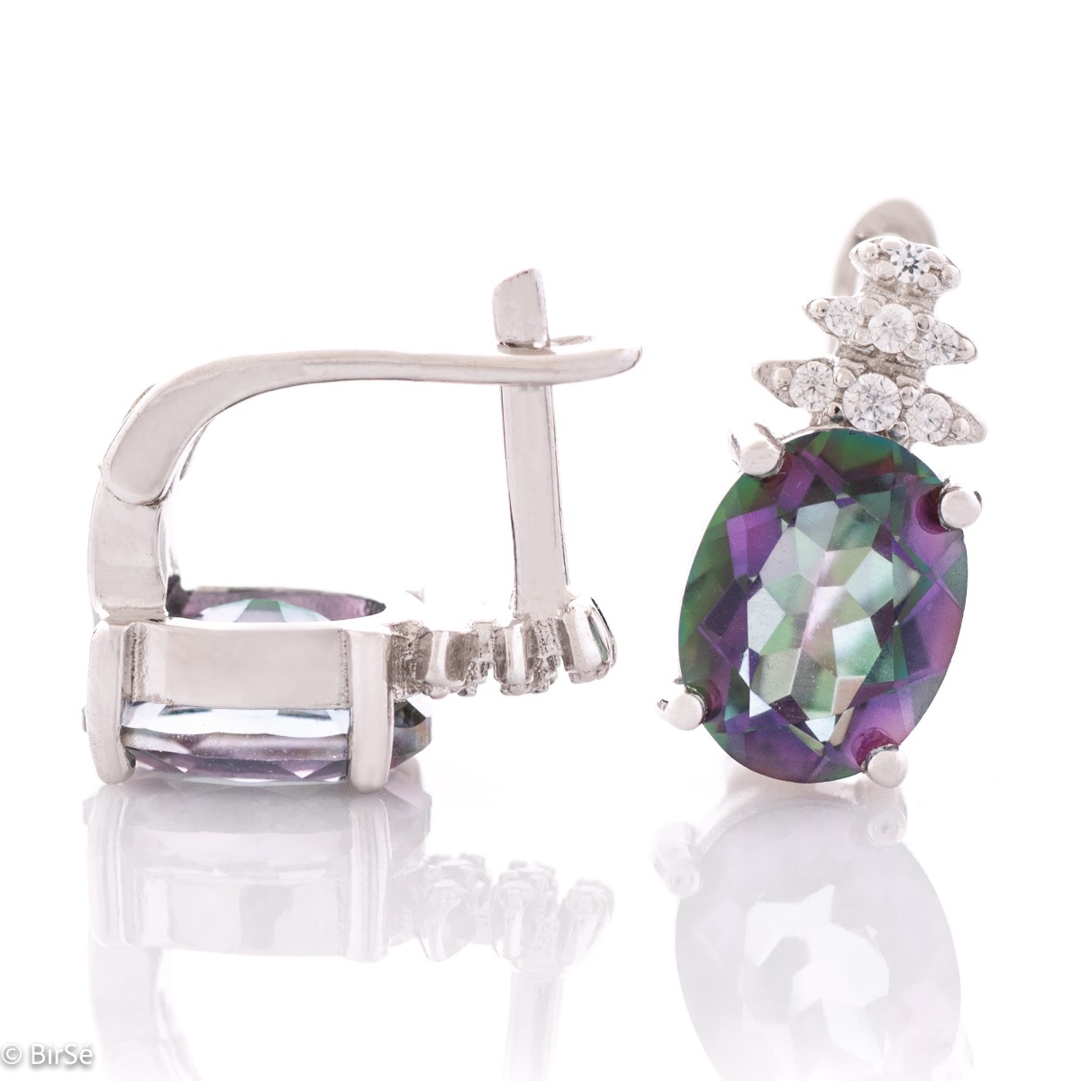 Elegant women's earrings of English clasp and spectacular shape with delicate craftsmanship entirely of rhodium-plated silver and an exquisite combination of natural mystic topaz with sparkling zircons.