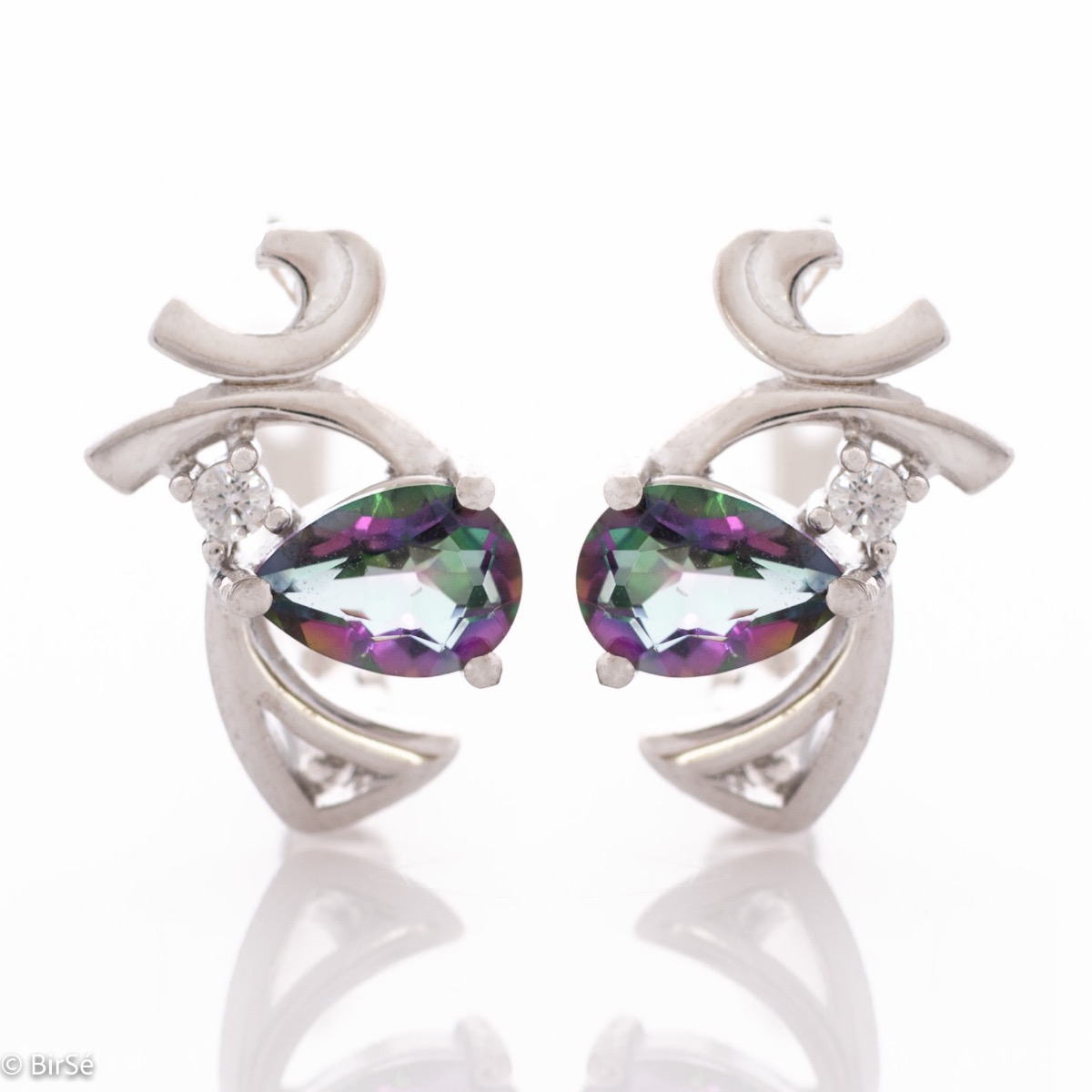 Abstract women's English clasp earrings with a spectacular shape and made entirely of rhodium-plated silver, combined with a drop of natural mystic topaz and zircon.