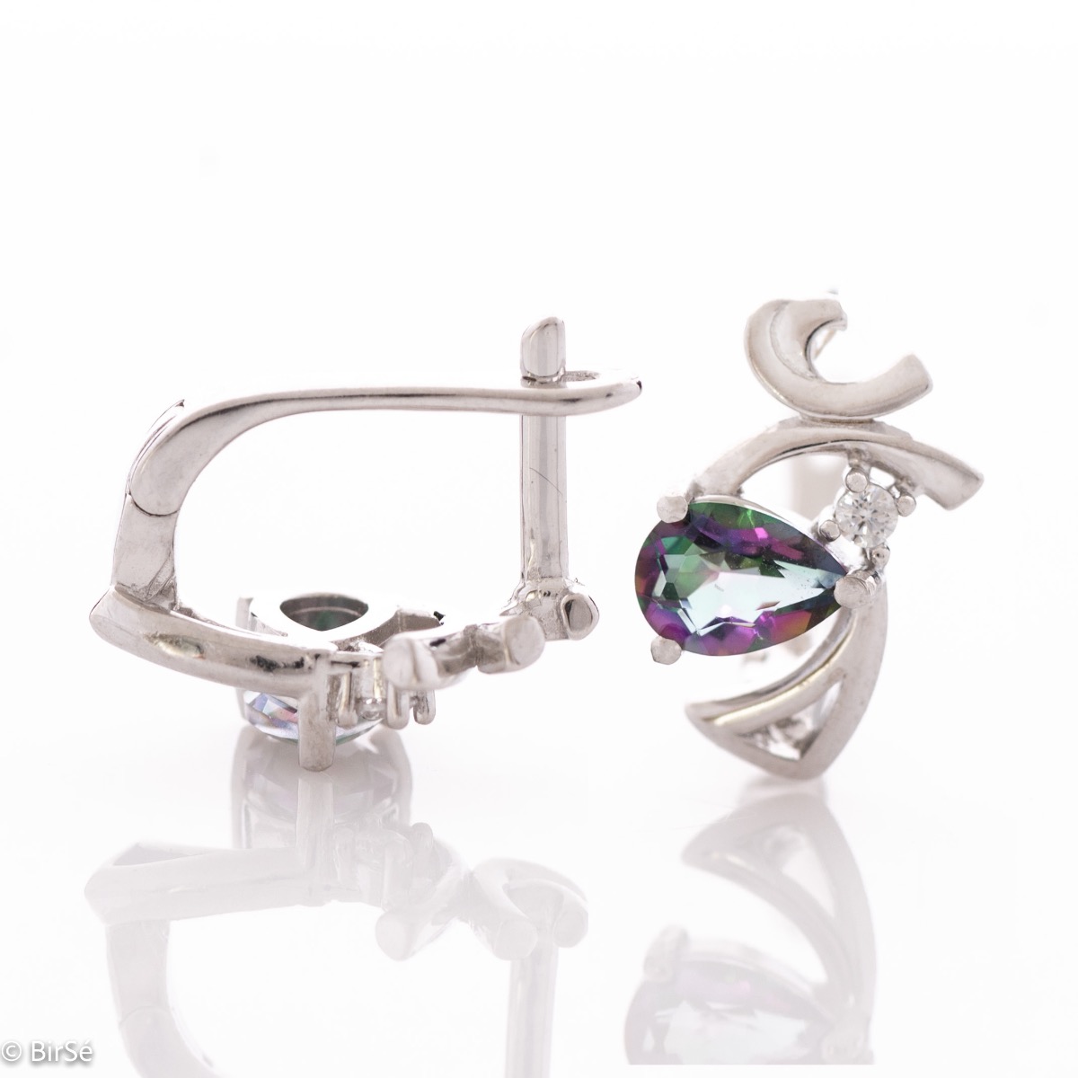 Abstract women's English clasp earrings with a spectacular shape and made entirely of rhodium-plated silver, combined with a drop of natural mystic topaz and zircon.