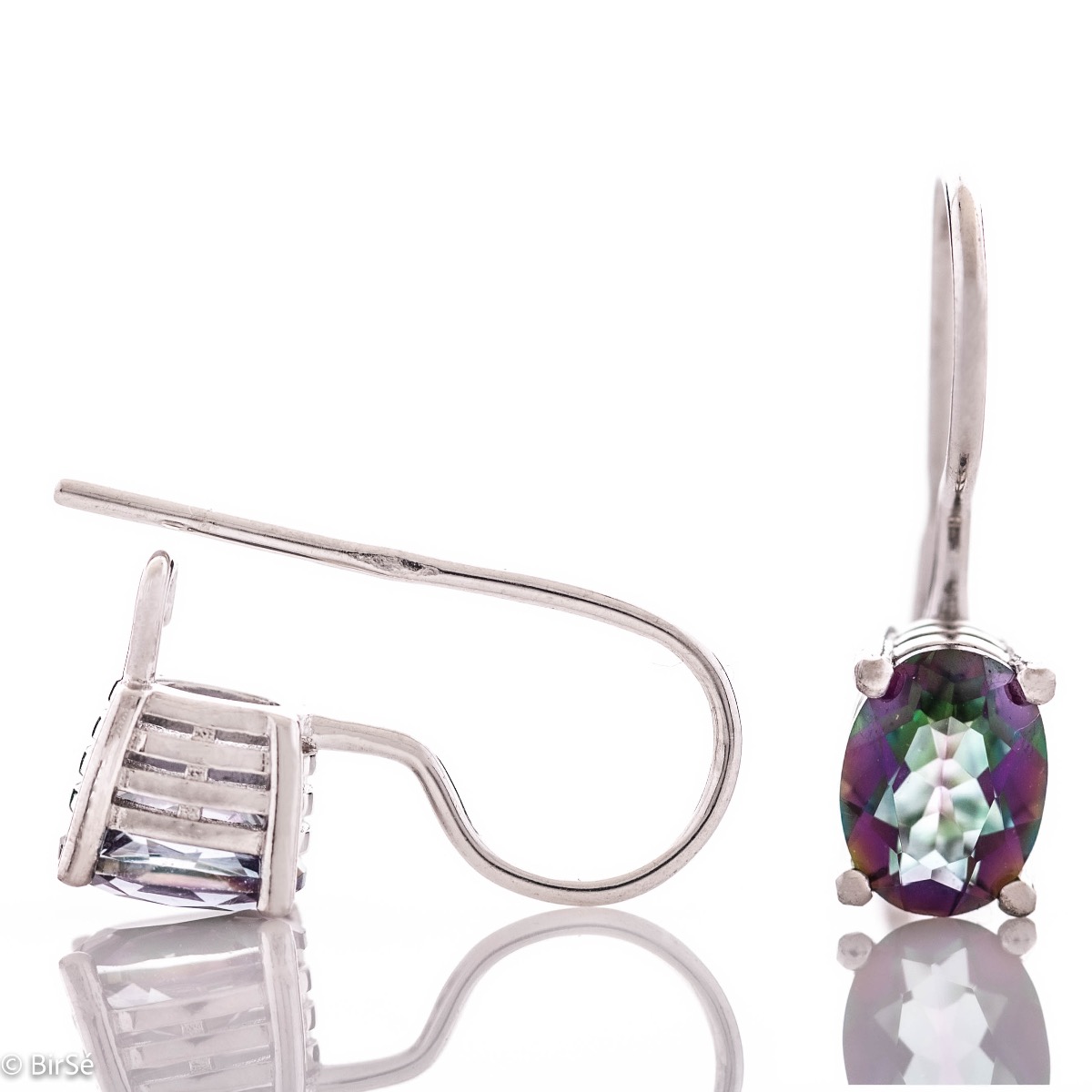 Exceptional women's earrings with a willow type clasp and exquisite, slightly dangling craftsmanship in all rhodium-plated silver combined with a radiant natural mystic topaz.