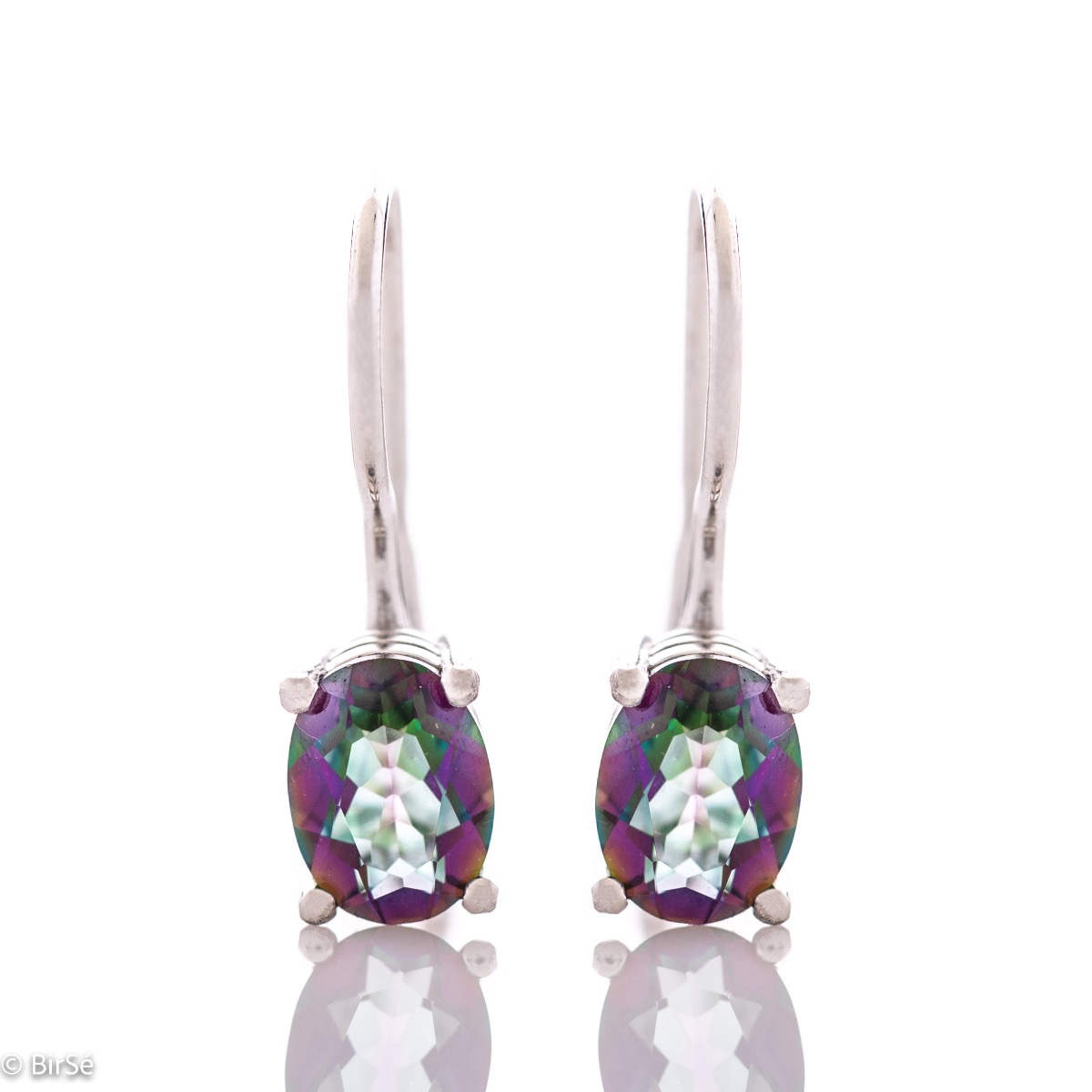 Exceptional women's earrings with a willow type clasp and exquisite, slightly dangling craftsmanship in all rhodium-plated silver combined with a radiant natural mystic topaz.