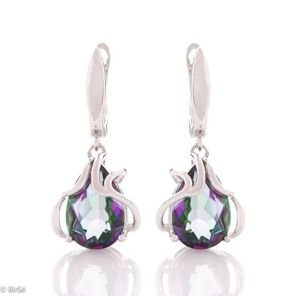 Exquisite earrings with English fastening and an extraordinary combination of elegant rhodium silver with a radiant and multi-colored natural stone mystic topaz in a teardrop shape.