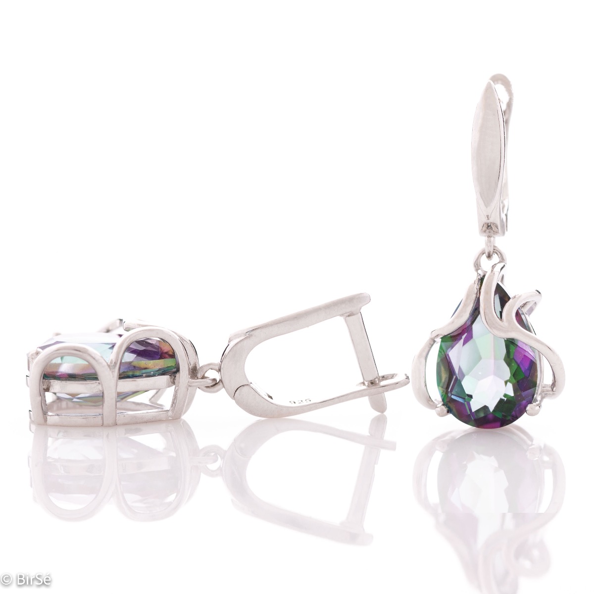 Exquisite earrings with English fastening and an extraordinary combination of elegant rhodium silver with a radiant and multi-colored natural stone mystic topaz in a teardrop shape.