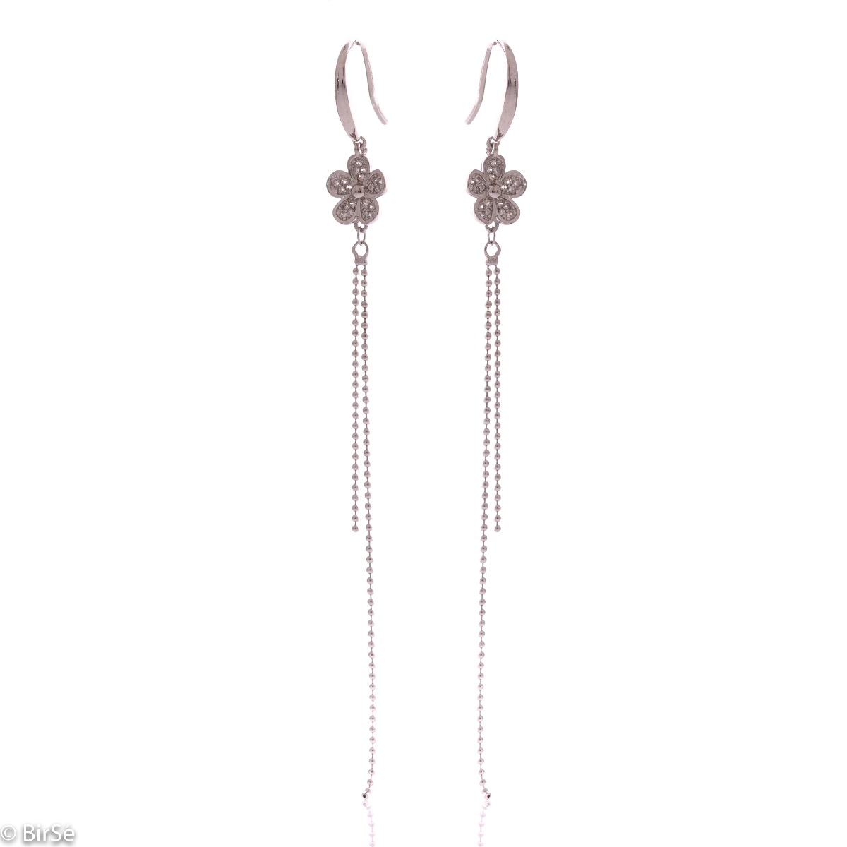 Long Silver Earrings with Floral Elements