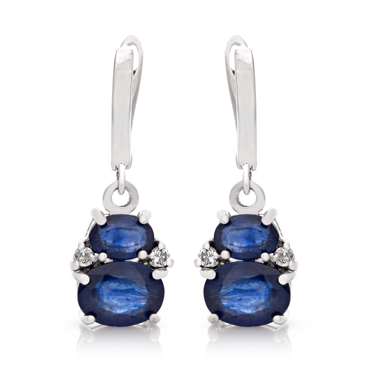 Elegantly crafted ladies' earrings in rhodium silver with a dangling pattern and a comfortable English clasp. The exquisite sapphires in combination with glittering zircons turn the earrings into a charming piece of jewelry, which together with a ring and