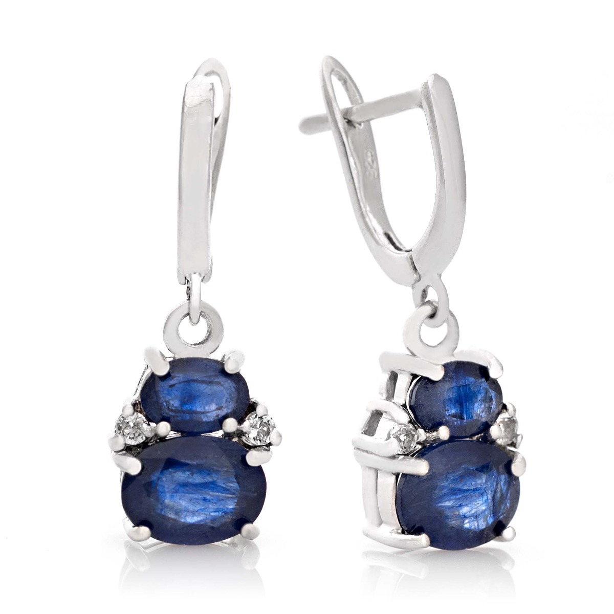 Elegantly crafted ladies' earrings in rhodium silver with a dangling pattern and a comfortable English clasp. The exquisite sapphires in combination with glittering zircons turn the earrings into a charming piece of jewelry, which together with a ring and