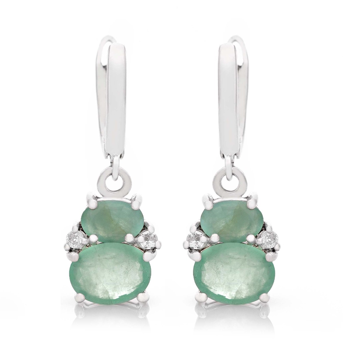 Elegantly crafted rhodium silver earrings for women with a dangling pattern and a comfortable English clasp. Exquisite emeralds in combination with glittering zircons turn the earrings into a charming piece of jewelry, which together with a ring and penda