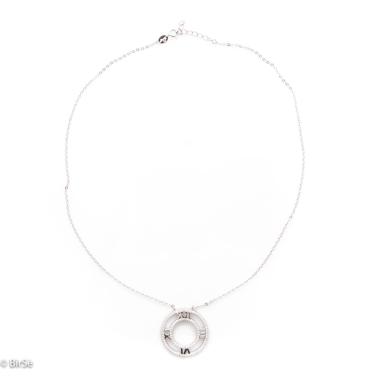 An exquisite silver necklace with a spectacular design entirely of rhodium-plated silver and a large clock element, complemented by sparkling zircons.