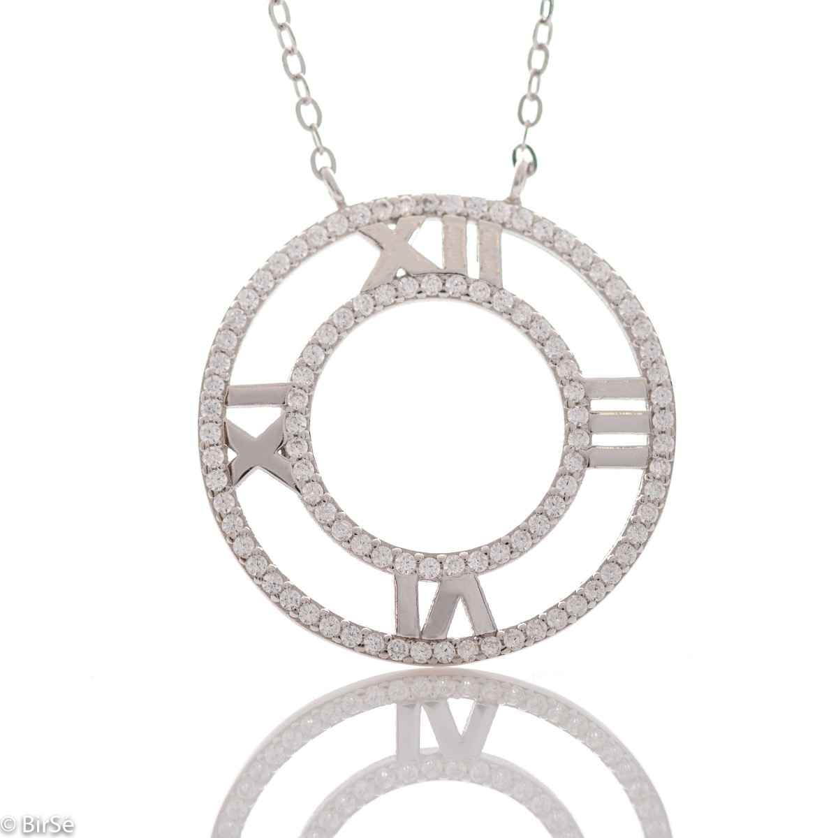 An exquisite silver necklace with a spectacular design entirely of rhodium-plated silver and a large clock element, complemented by sparkling zircons.