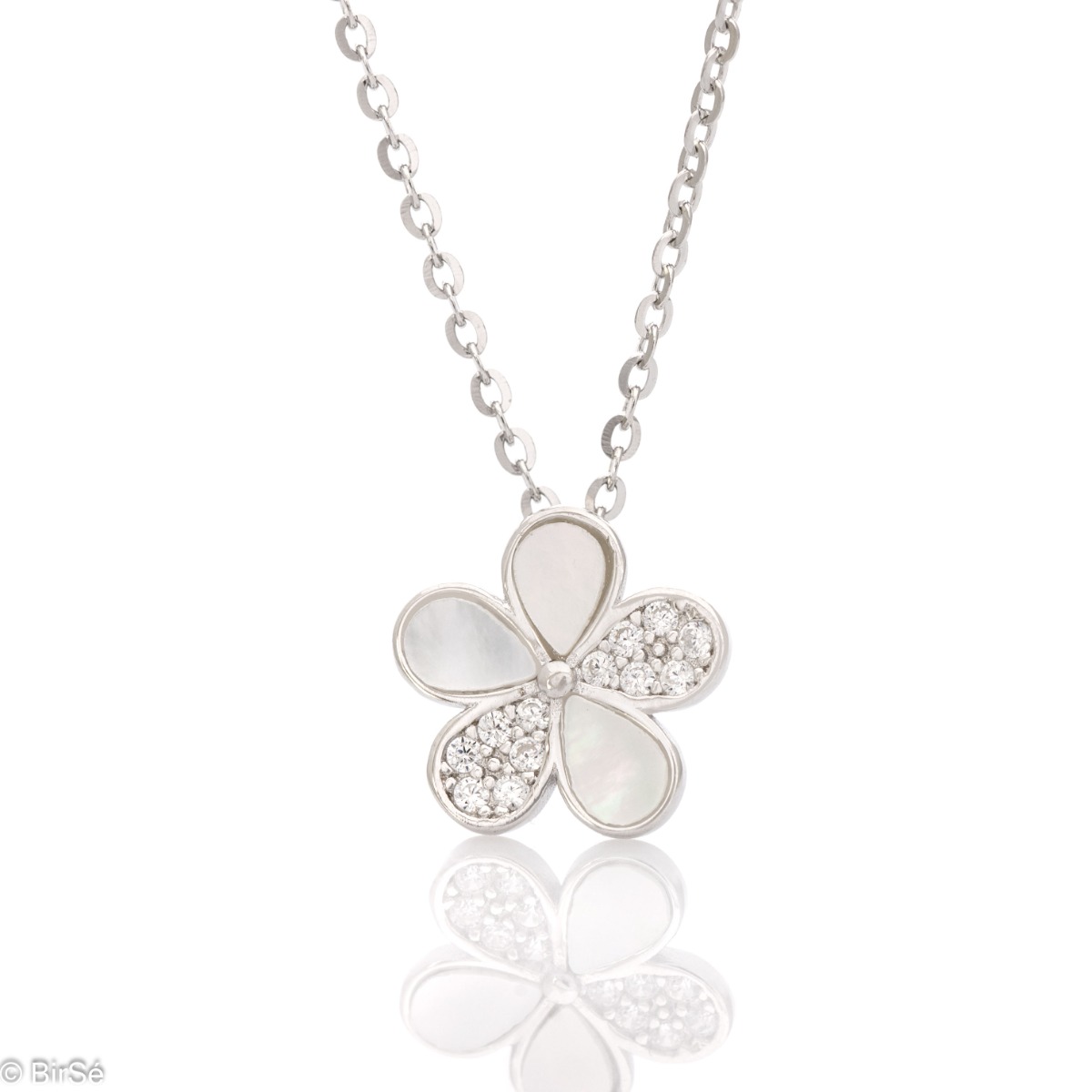 Fine women's necklace in rhodium-plated silver, with an exquisite flower design, with a delicate accent of white zircons. The necklace is a suitable gift for a beloved girl or lady.