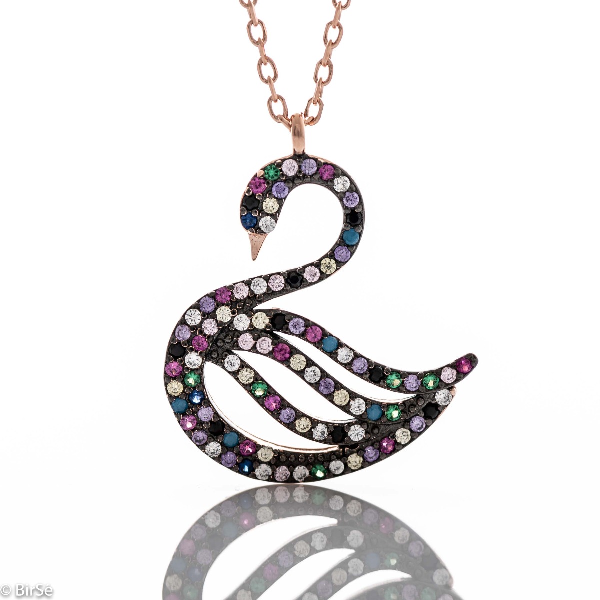 Exquisite workmanship of a rhodium-plated rose silver swan necklace, precisely decorated with multi-colored sparkling zircons.