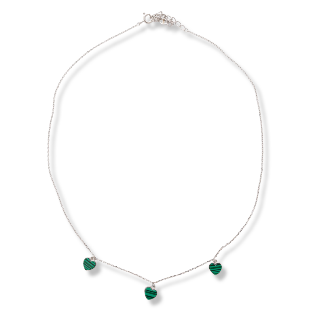 Exquisitely crafted women's necklace of fine rhodium silver, with beautifully shaped pendants - hearts of magnetic malachite.