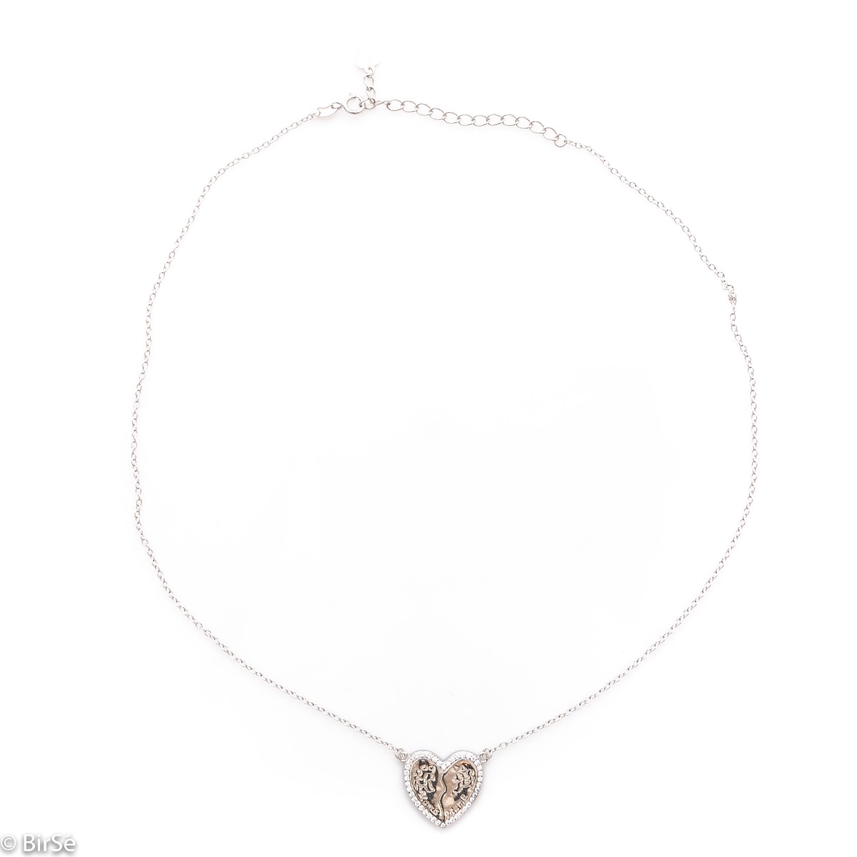 An exceptional silver necklace with exquisite workmanship entirely of rhodium-plated silver and a gentle heart for mom with sparkling zircons.