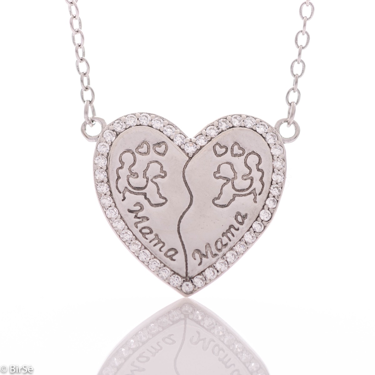 An exceptional silver necklace with exquisite workmanship entirely of rhodium-plated silver and a gentle heart for mom with sparkling zircons.