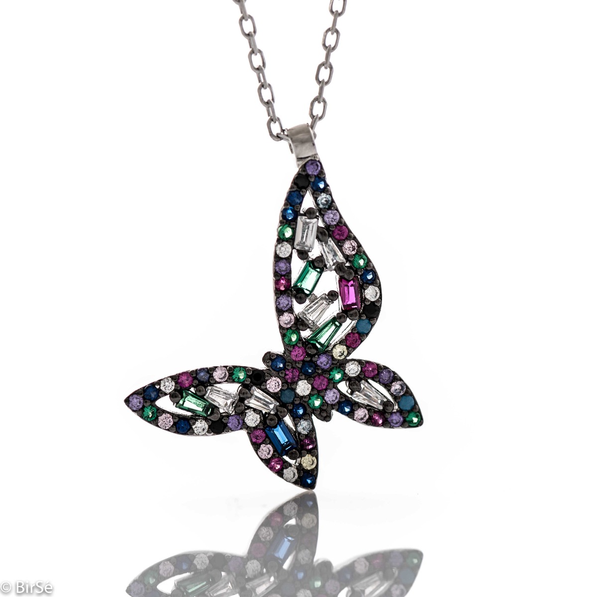 Spectacular women's necklace with modern craftsmanship entirely of rhodium-plated silver and the shape of a beautiful butterfly, studded with glittering multi-colored zircons.