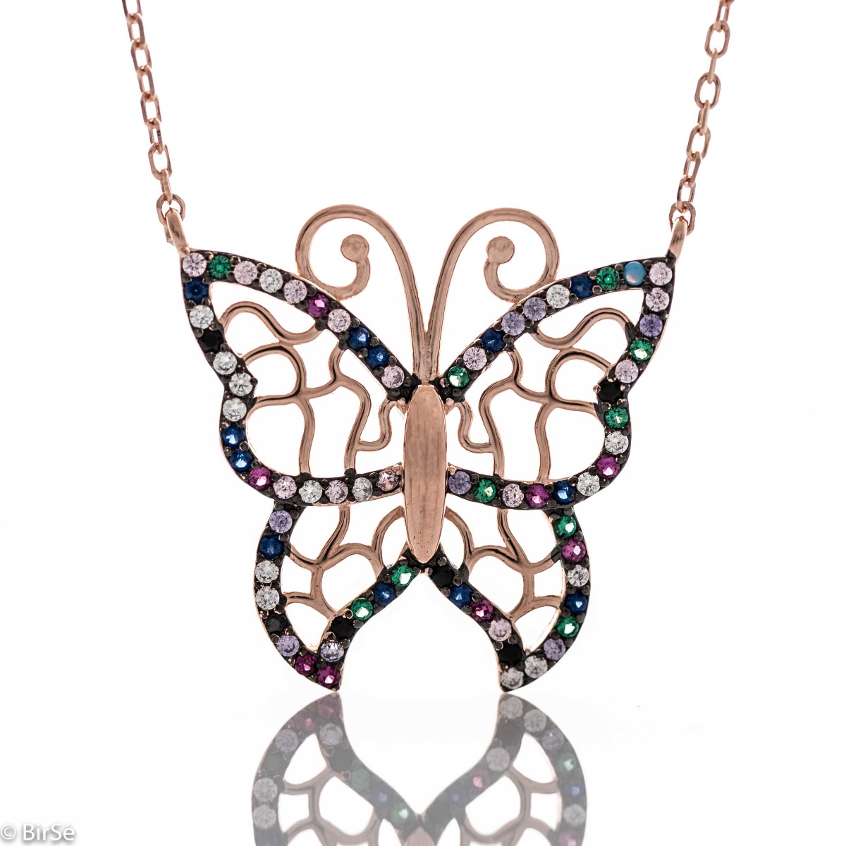 A beautiful multi-colored butterfly represents the necklace made of soft pink silver, with sparkling multi-colored zircons, which gathers all the charm of a summer day.