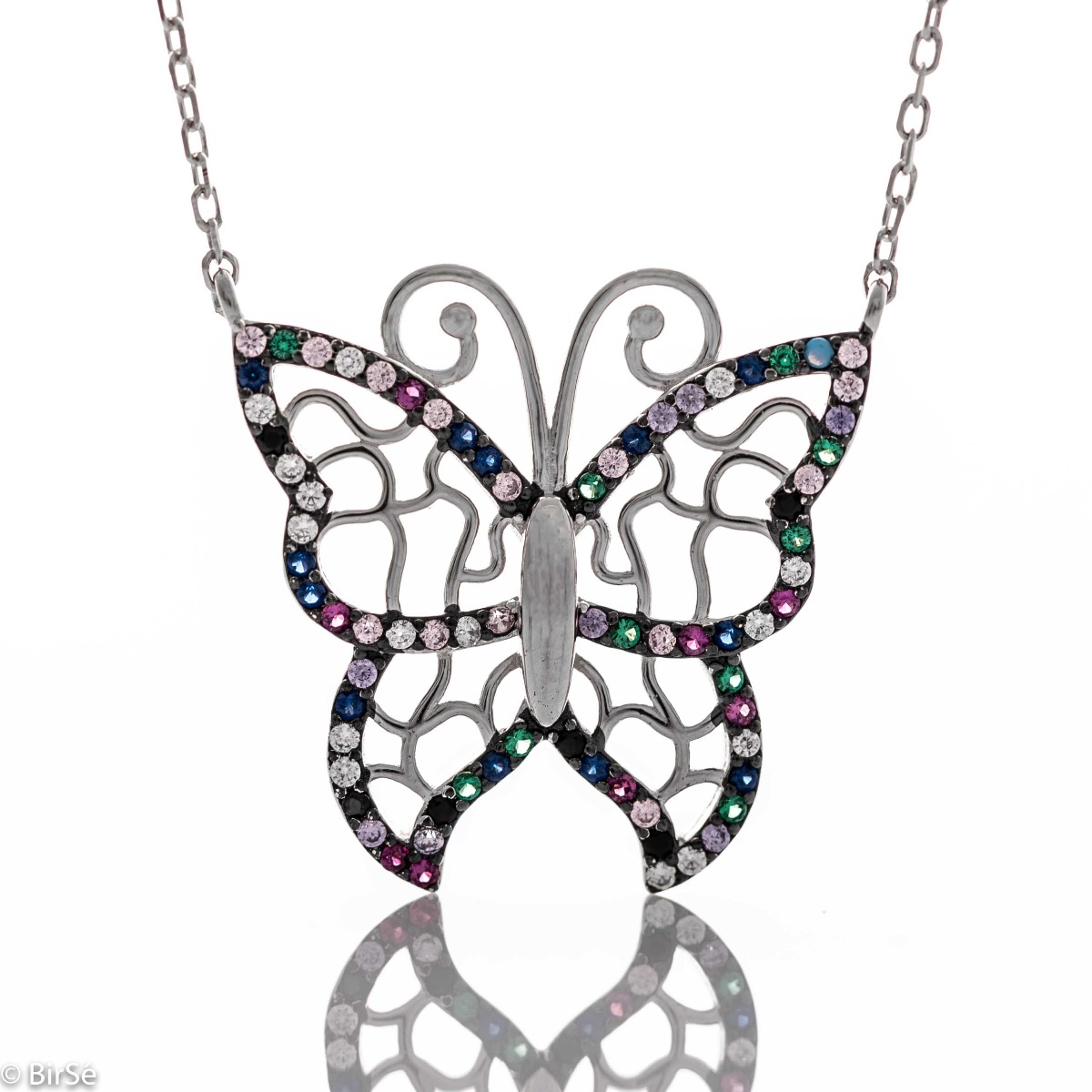 A beautiful multi-colored butterfly represents the necklace made of soft silver, with shiny multi-colored zircons, in which all the charm of a summer day is gathered.