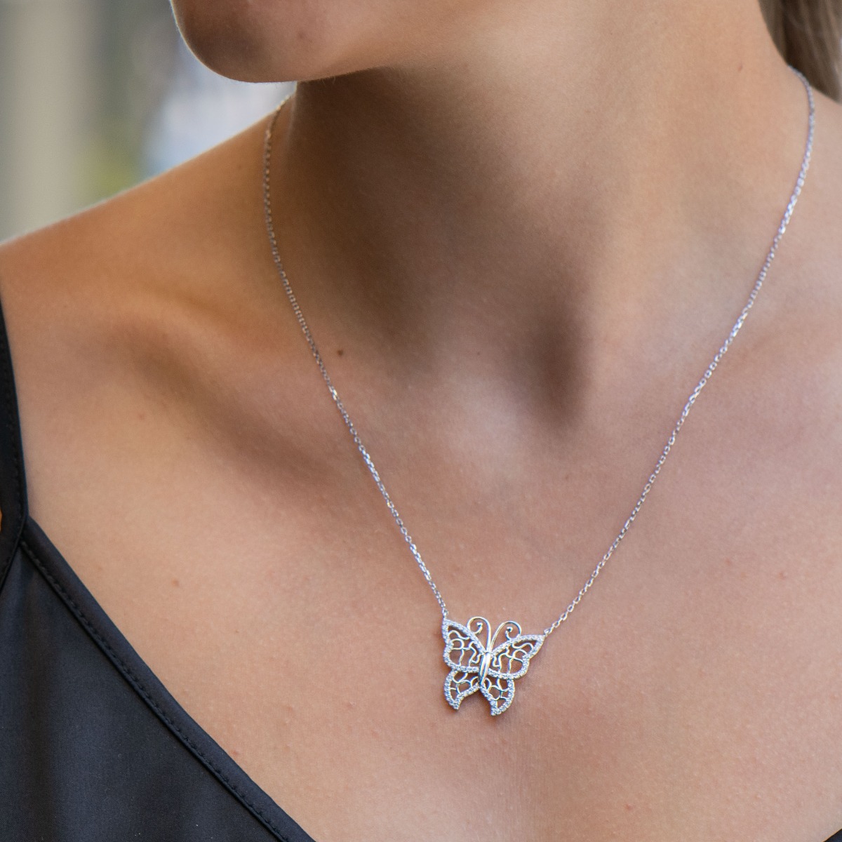 Silver necklace "White Butterfly" - Elegant women's necklace with precise craftsmanship, combining exquisite rhodium-plated silver with sparkling fine zircons.