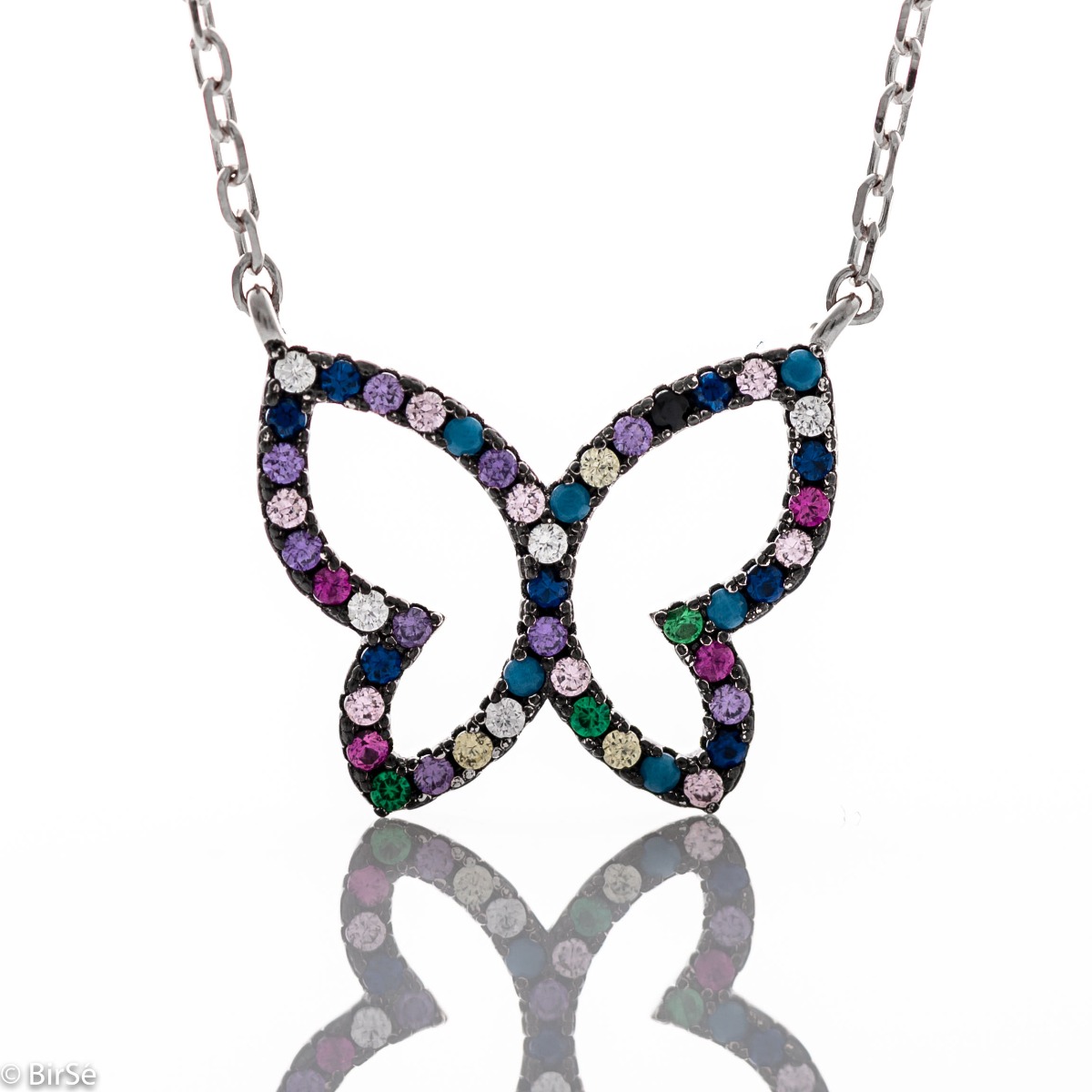 Spectacular women's necklace with modern craftsmanship entirely of rhodium-plated silver and the shape of a beautiful butterfly, studded with glittering multi-colored zircons.