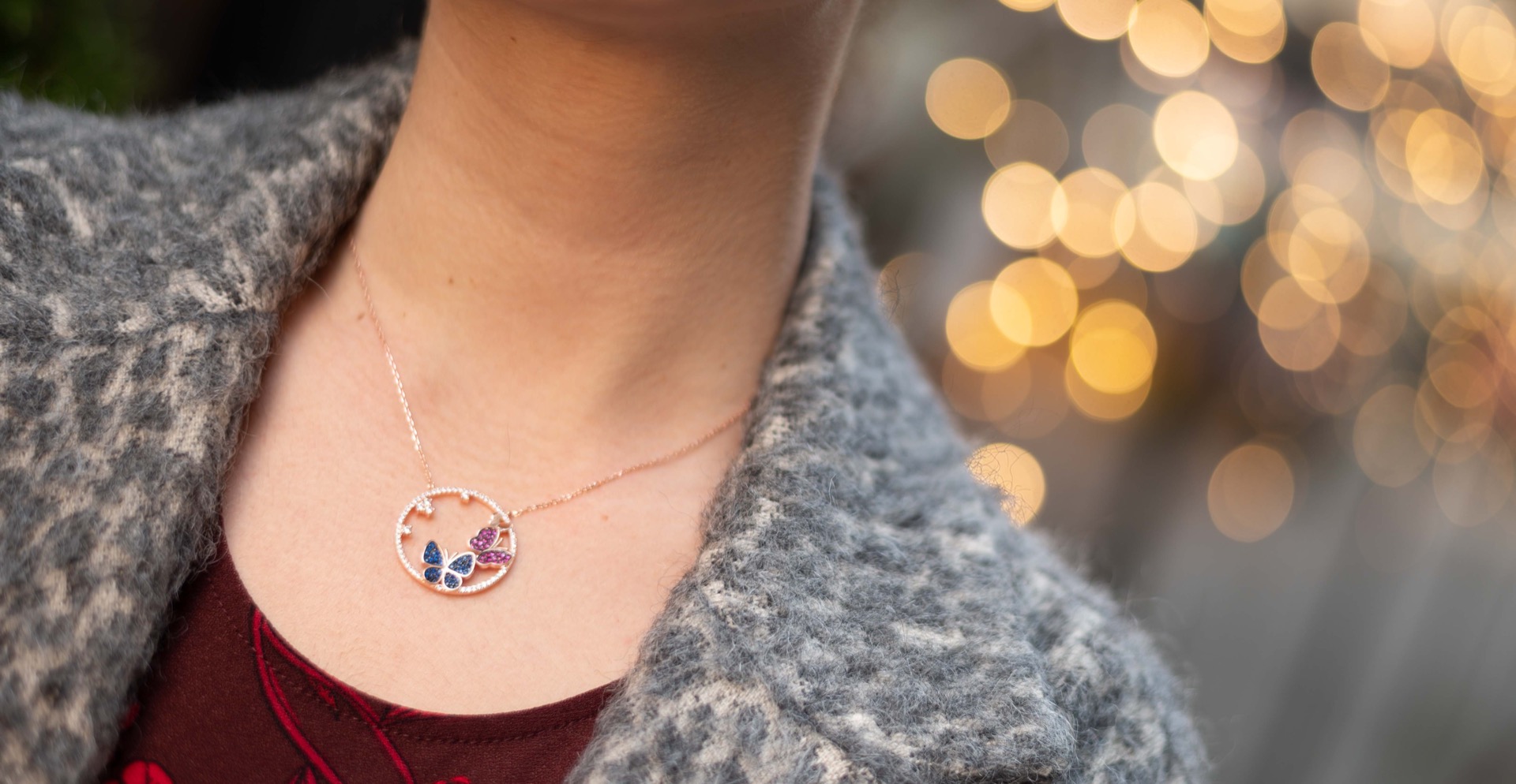 Silver necklace "Gentle charm" - a spectacular and beautiful women's necklace made entirely of rhodium-plated rose silver with delicate butterflies, complemented by glittering colored zircons.