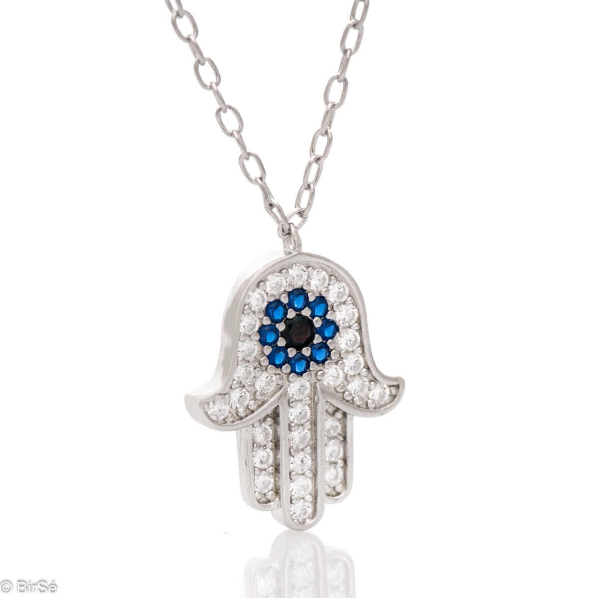 Spectacular women's necklace "Hand of Fatima". Stylish and extremely elegant, artistically made of rhodium silver, enamel and sparkling zircon stones.