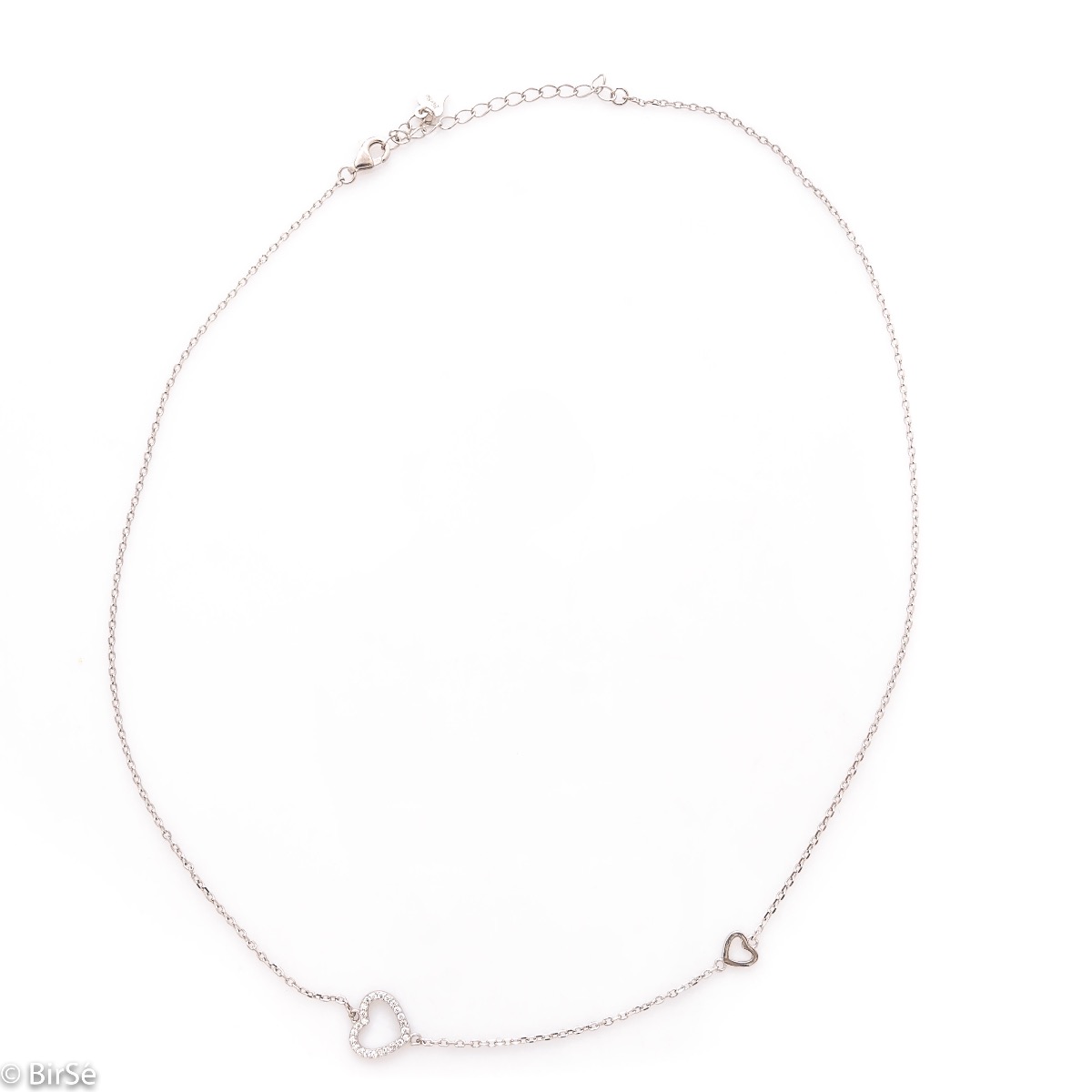 An exquisite silver necklace with precise craftsmanship entirely of rhodium-plated silver and two delicate hearts on the chain, complemented by sparkling zircons.