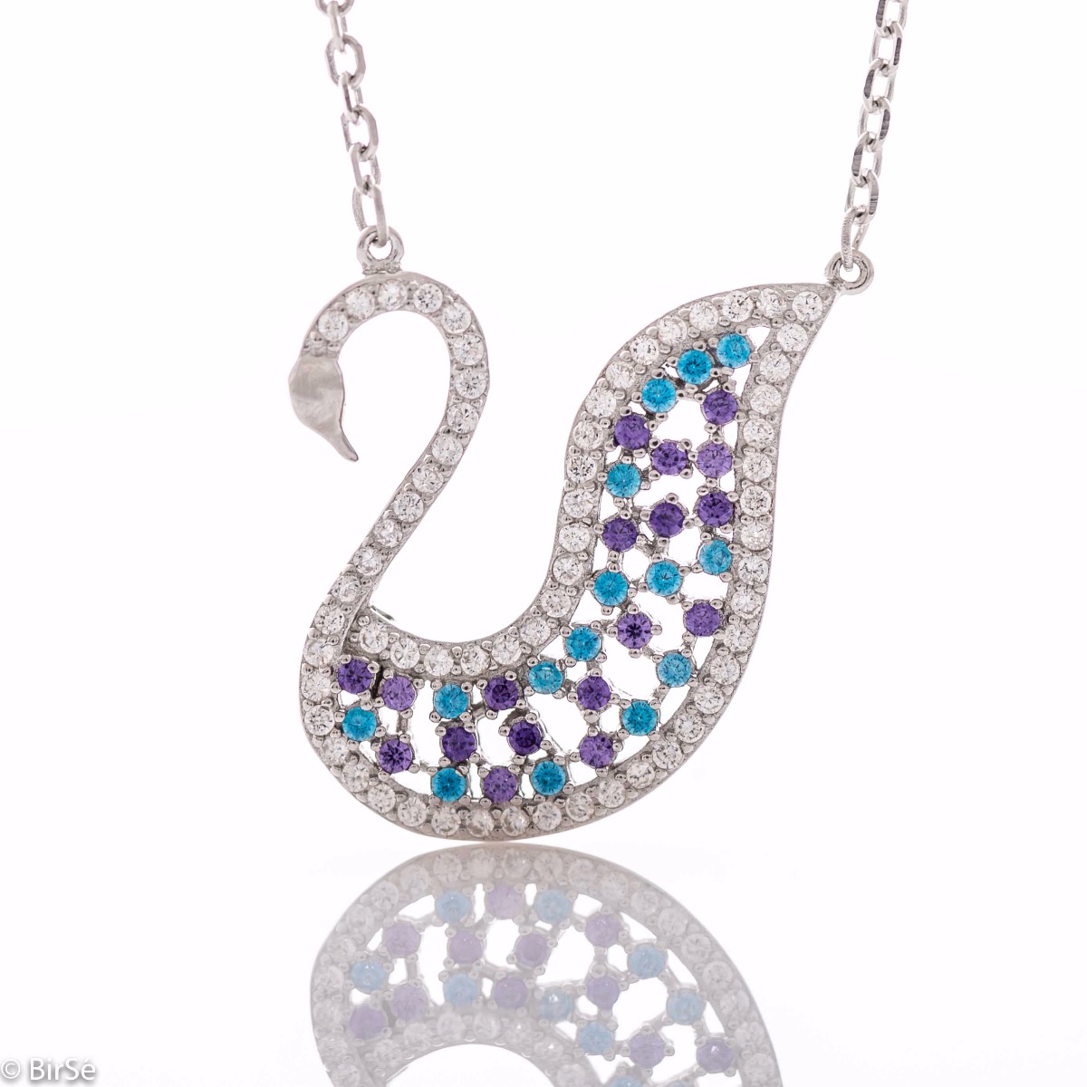 A charming women's necklace with precision craftsmanship entirely in rhodium-plated silver and shaped like a beautiful swan, complemented by glittering patterned stones.