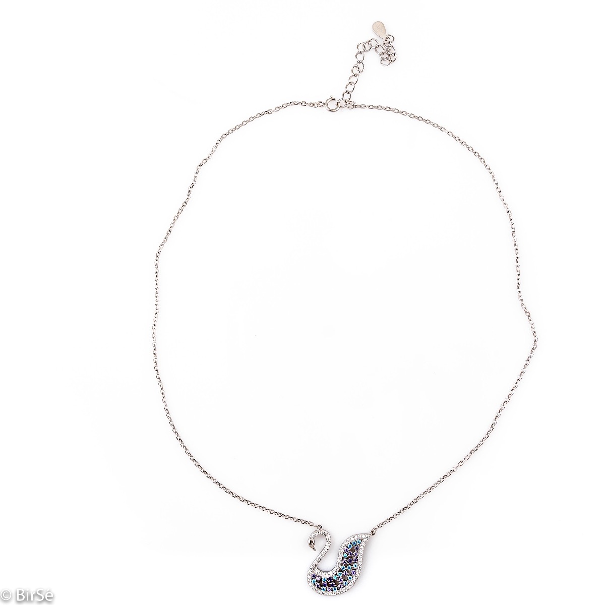 A charming women's necklace with precision craftsmanship entirely in rhodium-plated silver and shaped like a beautiful swan, complemented by glittering patterned stones.