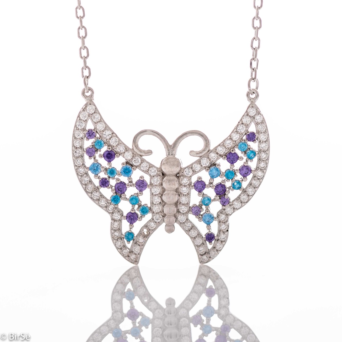 Spectacular women's rhodium silver necklace in the shape of a beautiful butterfly and wings made of shiny and colorful stones. A stylish addition to your everyday look.