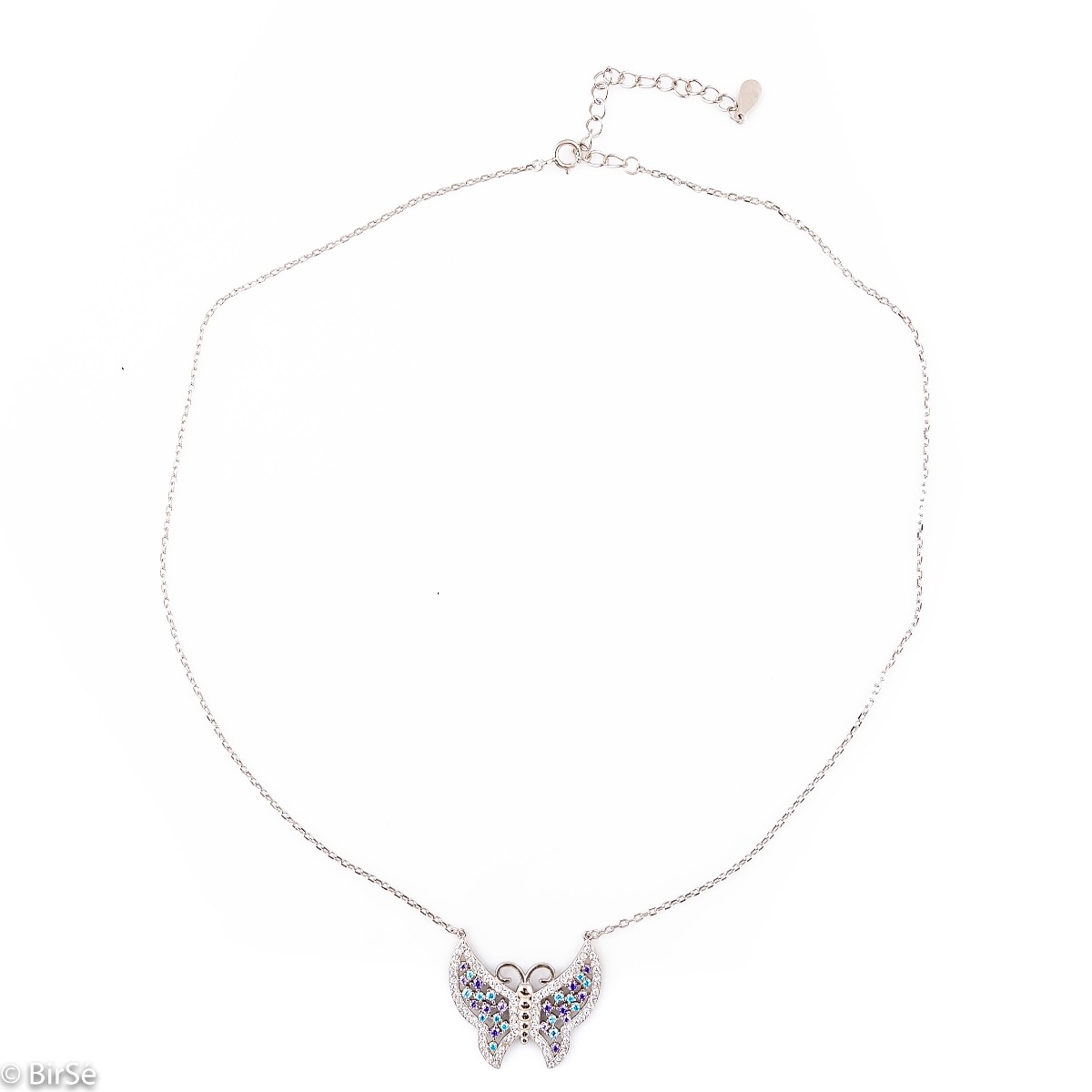 Spectacular women's rhodium silver necklace in the shape of a beautiful butterfly and wings made of shiny and colorful stones. A stylish addition to your everyday look.