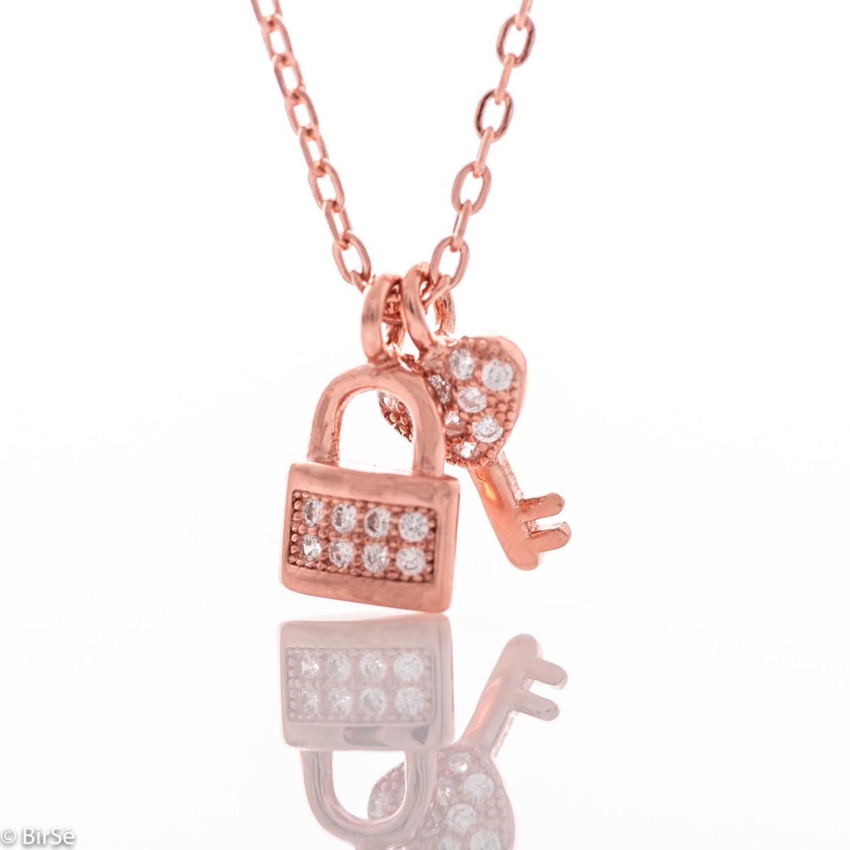 Charming Rose Gold Silver Necklace with Padlock and Key